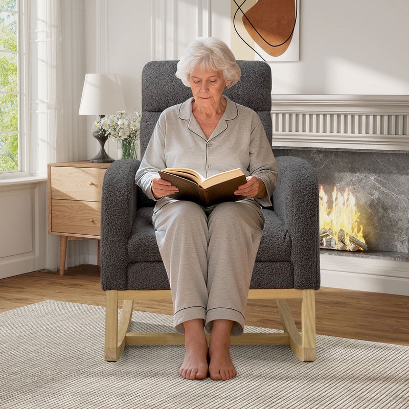 FFH Rocking Chair Nursery, Tufted Accent Rocker Chair, Upholstered Armchair with Adjustable Footrest, Side Pocket, High Backrest, Padded Seat, Polyester Blend (Retro, Dark Gray)