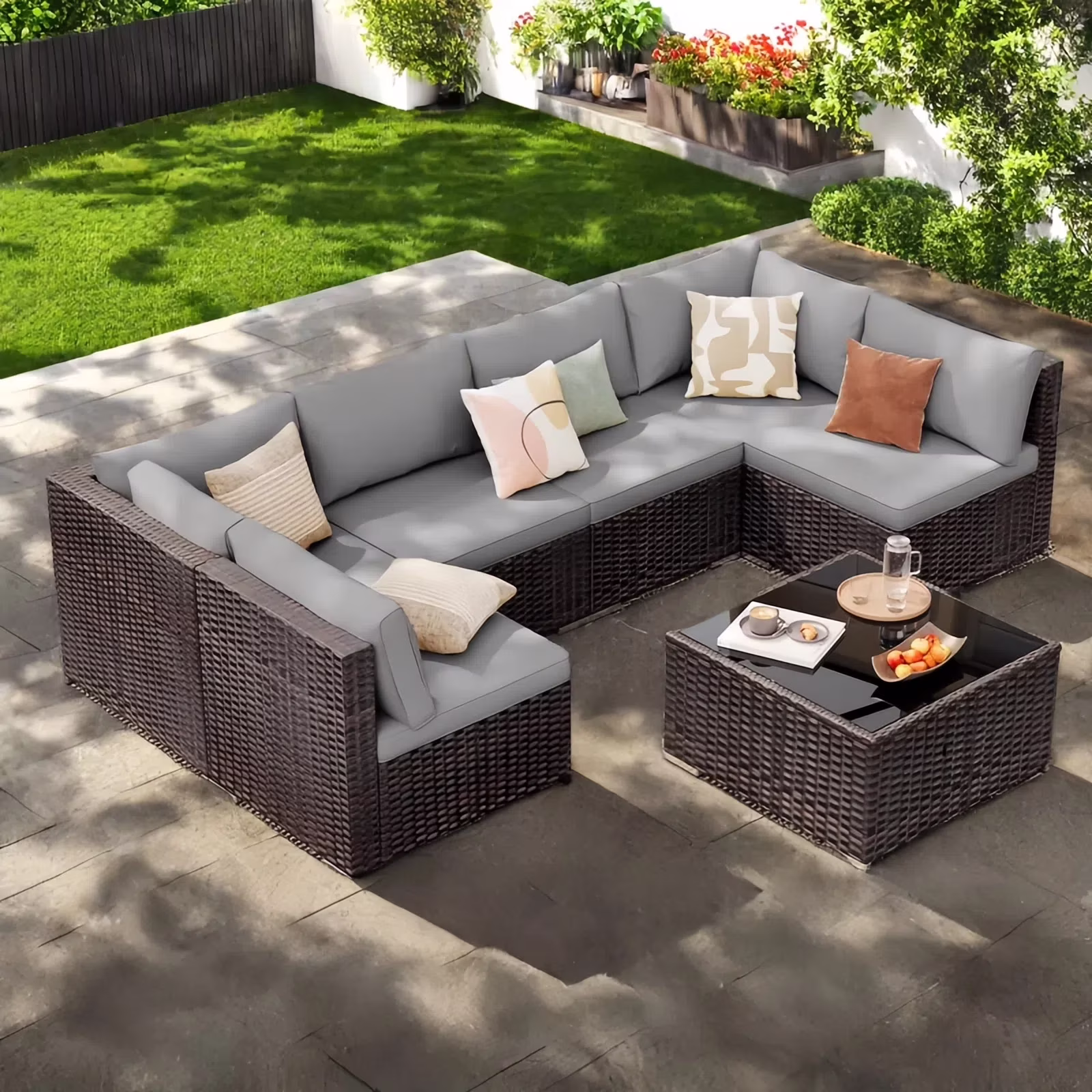 Patio Furniture Set, Lofka 7 Piece Outdoor Sectional Furniture Chair Set with Cushions and Coffee Table, Gray