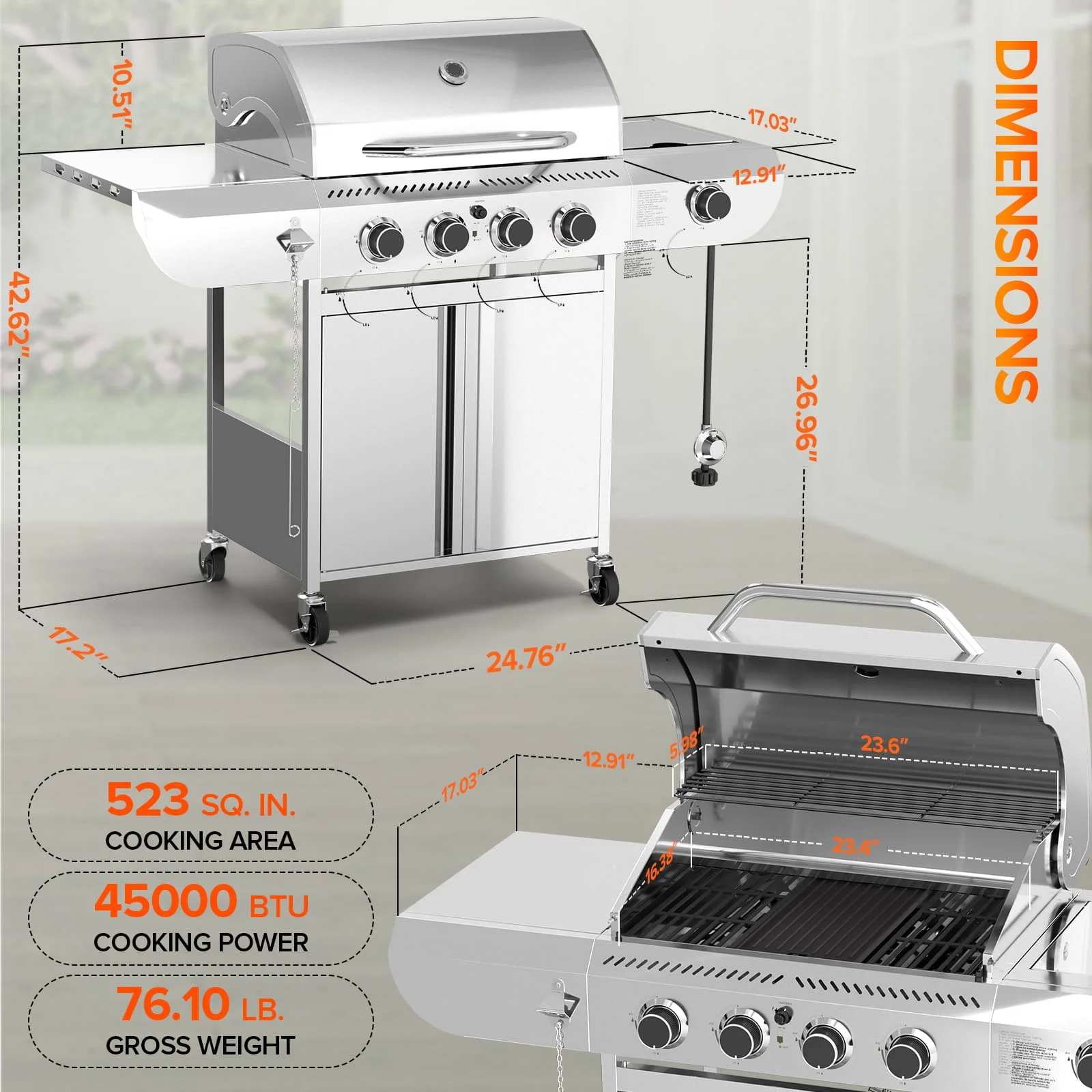 LHRIVER Stainless Steel 4 Burner Propane Gas Grill with Side Burner, Portable Outdoor Barbecue Grill, 45,000 BTU