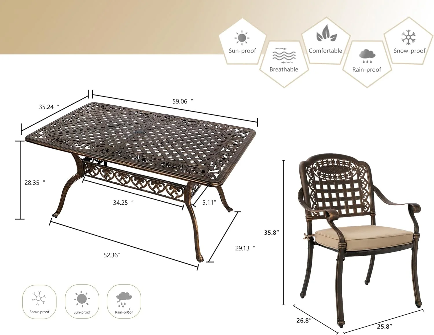 7-Piece Outdoor Furniture Dining Set, Cast Aluminum Patio Conversation Set with Table, 6 Chairs and Khaki Cushions