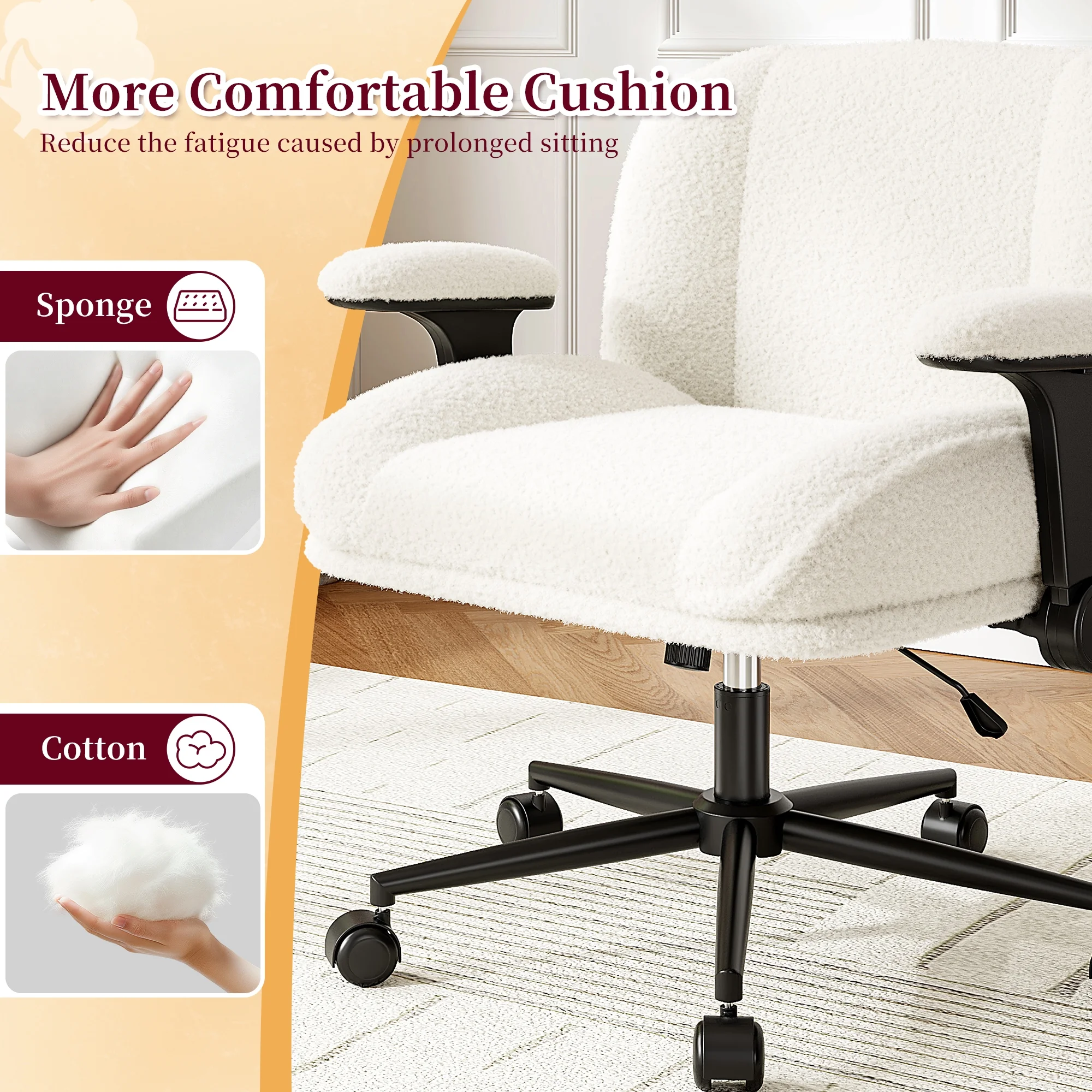 Romorgniz Criss Cross Chair with Adjustable Arms & Lumbar Support Office Chair with Reclining Back, Thick Cushion & Wheels for Office, Gaming, Reading, Vanity, Off-White