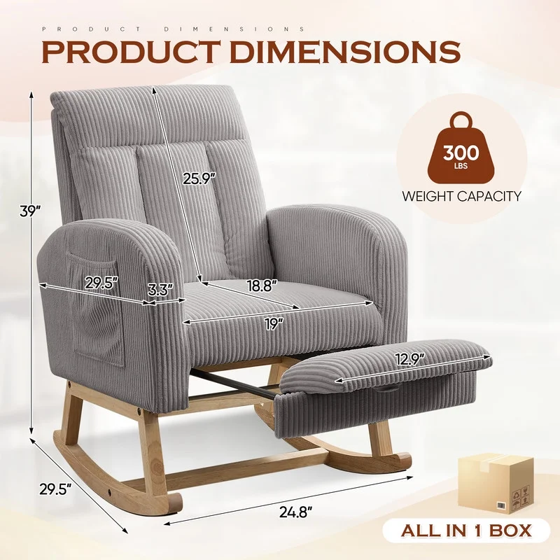 FFH Rocking Chair Nursery, Tufted Accent Rocker Chair, Upholstered Armchair with Adjustable Footrest, Side Pocket, High Backrest, Padded Seat, Polyester Blend (Retro, Dark Gray)