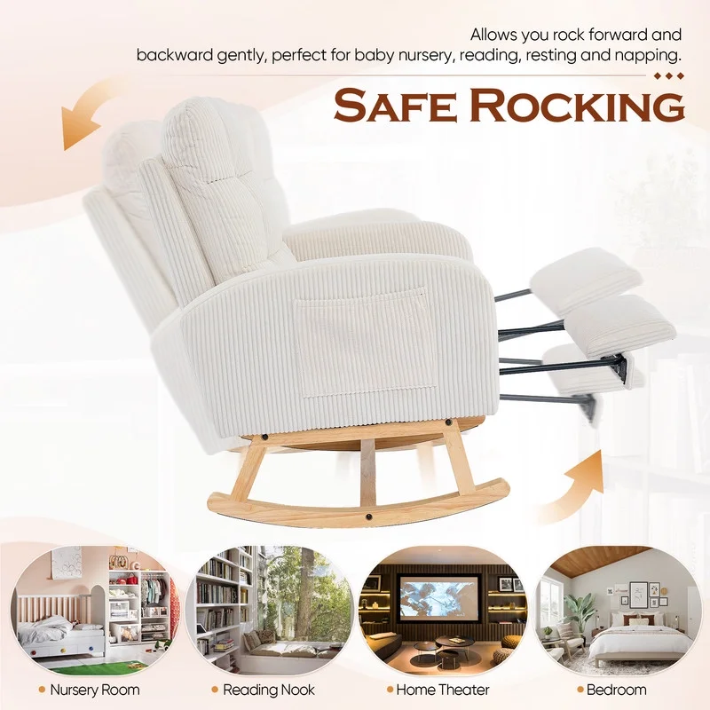 FFH Rocking Chair Nursery, Tufted Accent Rocker Chair, Upholstered Armchair with Adjustable Footrest, Side Pocket, High Backrest, Padded Seat, Polyester Blend (Retro, Dark Gray)