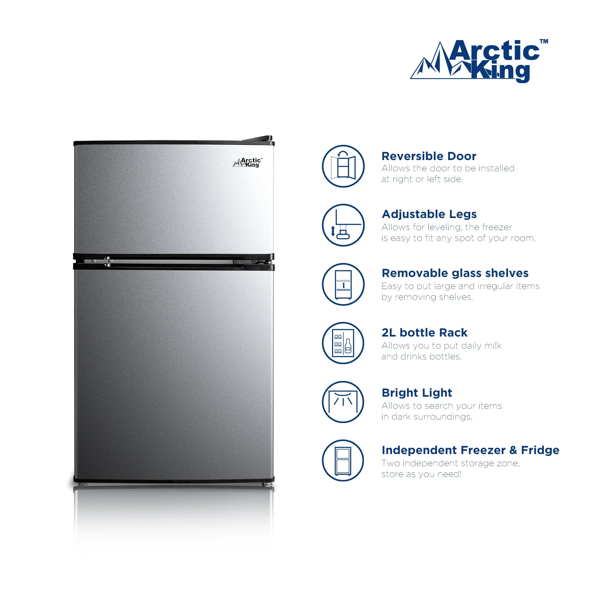 Arctic King 3.2 Cu ft Two Door Mini Fridge with Freezer, Stainless Steel, E-Star, ARM32D5ASL