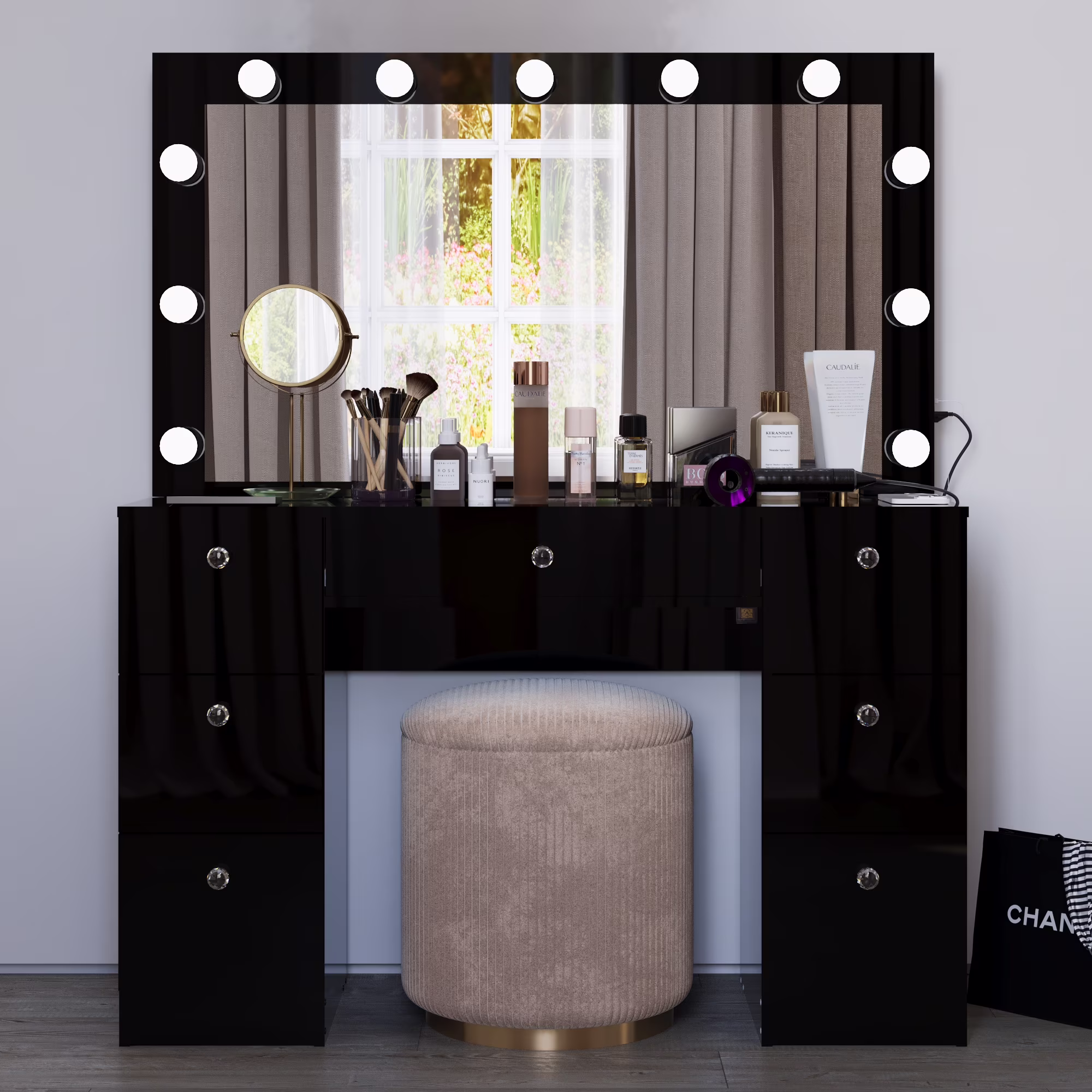 Ember Interiors Ibbie White Makeup Vanity with Glass Top, Lights, Charging Station