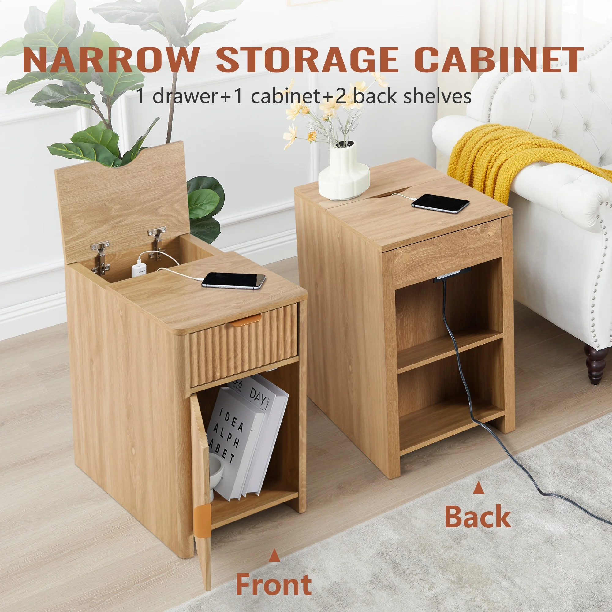 YOCWO Fluted Nightstand for Bedroom Set of 2 , Wood Bedside Table Set of 2 with Drawers, Black