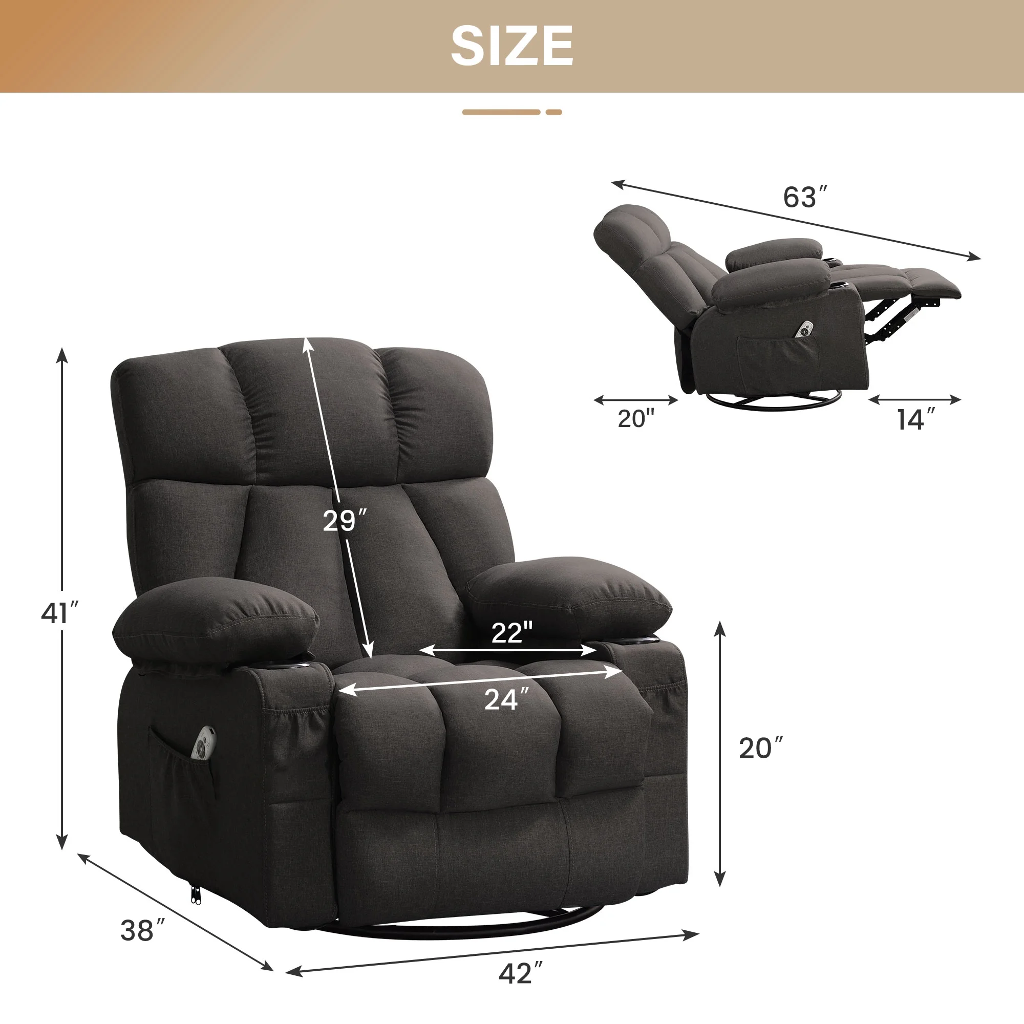 JONPONY Manual Recliner Chair with Heat Therapy and Massage Function, Heavy Duty Reclining Mechanism Massage Chair, Elderly Single Rocker Sofa with Cup Holders for Bedroom Home Theater,Grey