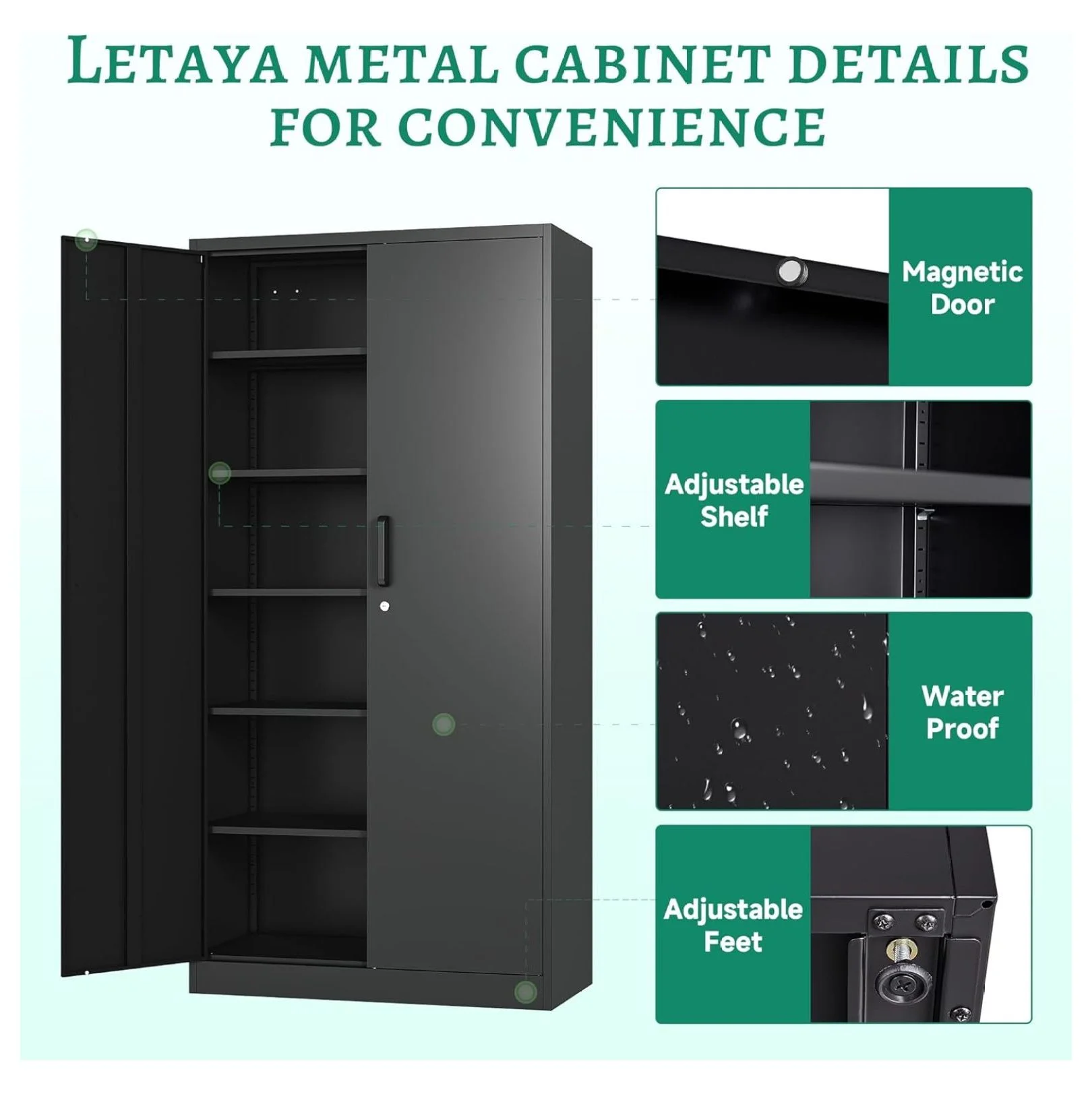 KriKac Metal Storage Cabinets with Lock Doors,Tall Locker Organizer Steel Garage Cabinets, 5 Adjustable Layers Shelves for Home, Office, Warehouse,Tool,Industrial(Black)