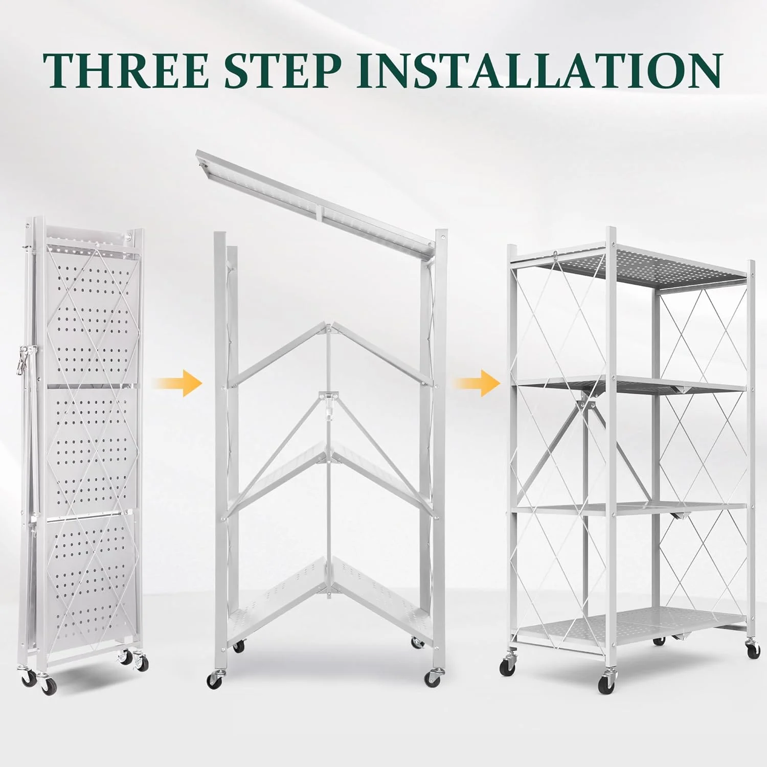 Foldable 4-Tier Storage Shelves with Wheels, No Assembly Bookshelf, Heavy Duty Kitchen Racks and Shelves, Rolling Microwave Cart, White