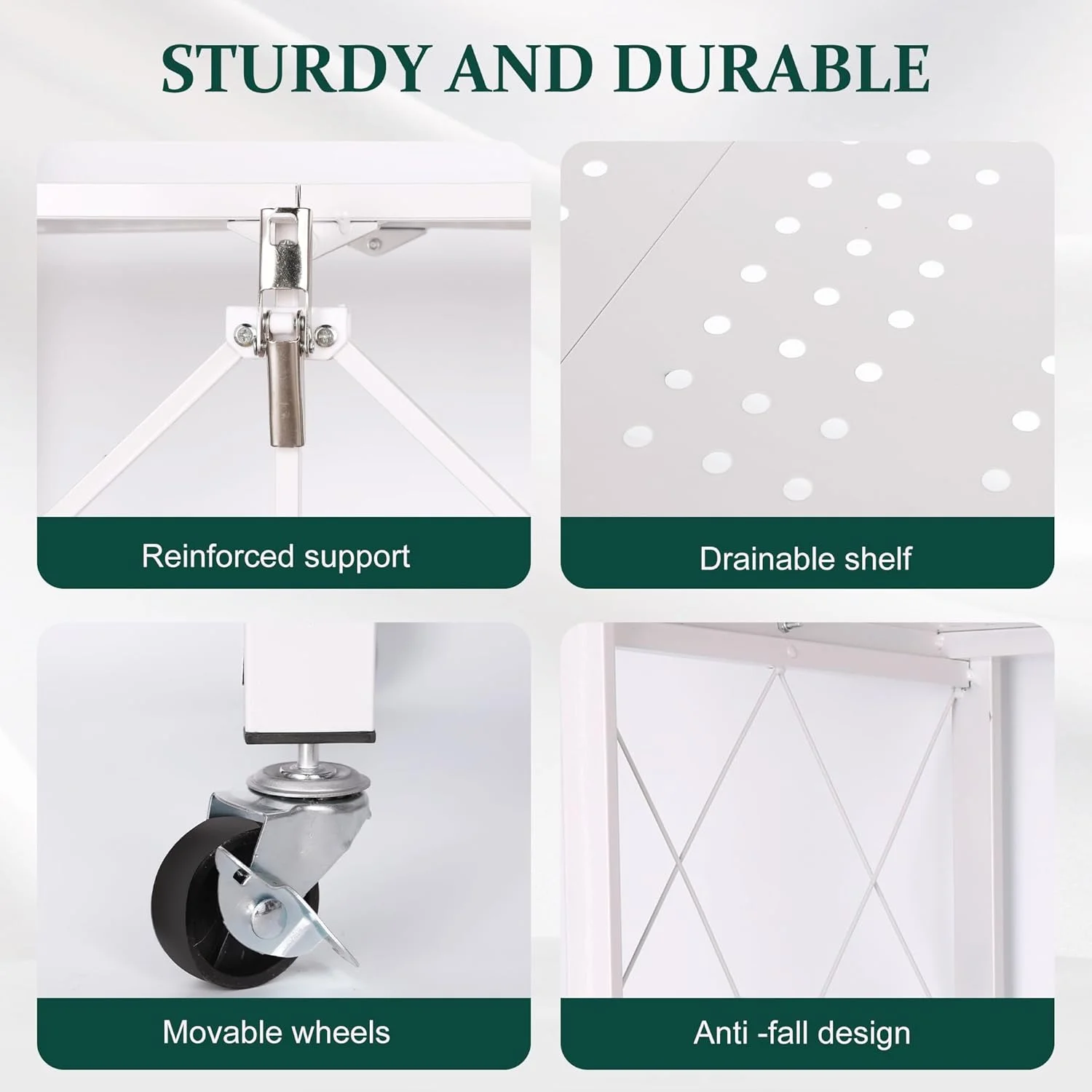 Foldable 4-Tier Storage Shelves with Wheels, No Assembly Bookshelf, Heavy Duty Kitchen Racks and Shelves, Rolling Microwave Cart, White