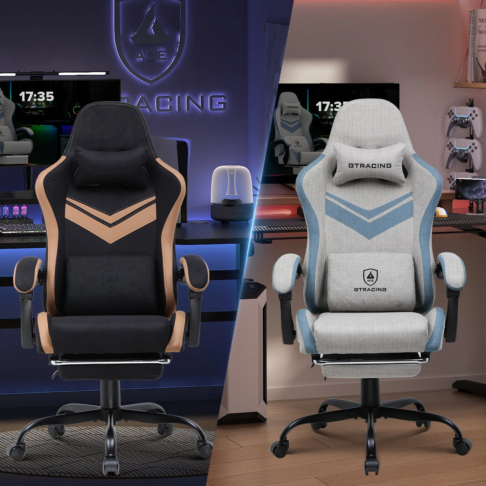 GTRACING Ergonimic Fabric Reclining Gaming Chair with Footrest and Linkage Armrests, Gray