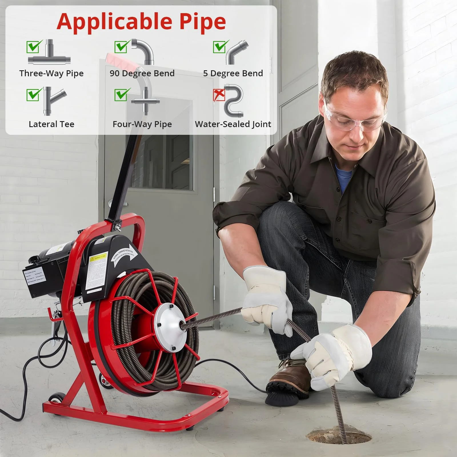 Electric Drain Cleaning Machine , Powerful Electric Auger, Sewer Snake with 4 Cutters, Air-Activated Foot Switch, and Wheels