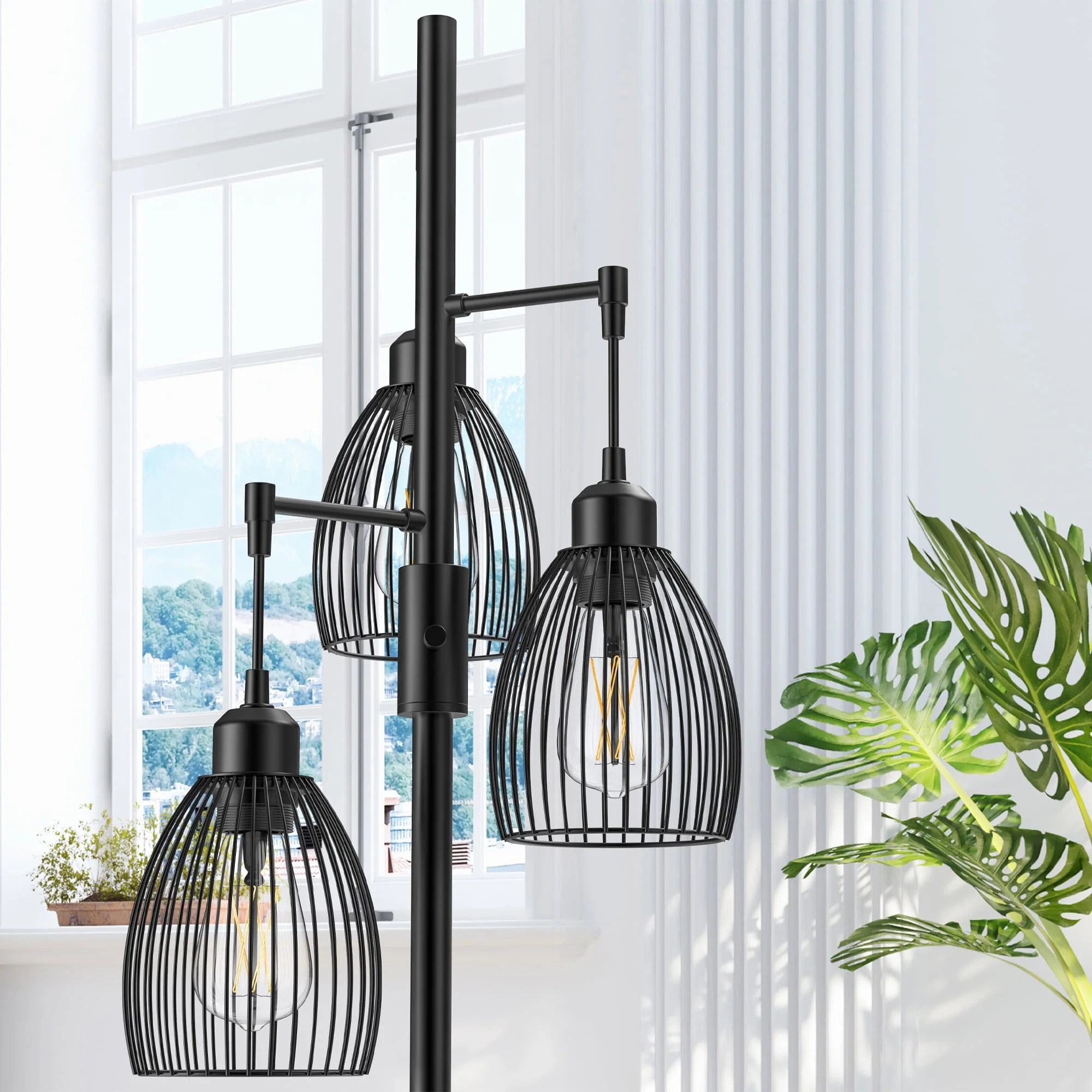 PAZZO 69 inch Three Head LED Metal Industrial Floor Lamp, Bright & Durable, with 3 Stepless Dimmable Bulb Included, Black