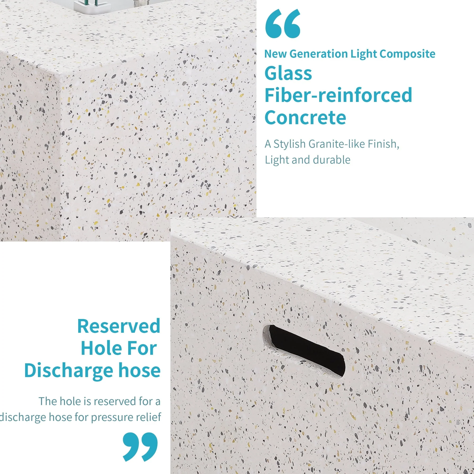 ESSENTIAL LOUNGER 56 inch Concrete Propane Fire Pit Table, 50,000 BTU Outdoor Firepit Rectangular Table for Garden＆Patio, with Propane Tank Metal Stand, Fire Glass Beads and Waterproof Cover, White