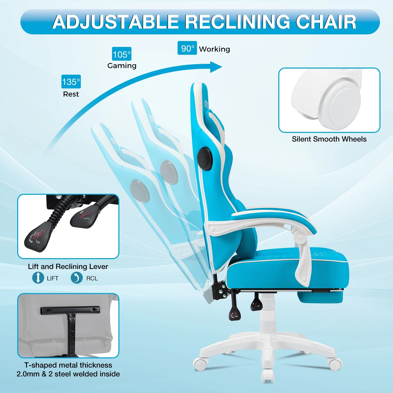 Hoffree Gaming Chair with Speakers PU Gamer Chair with footrest and massage Egonomic Computer Game Chair with Headrest and Lumbar Support for Adults and Office Gaming, 440 LBS