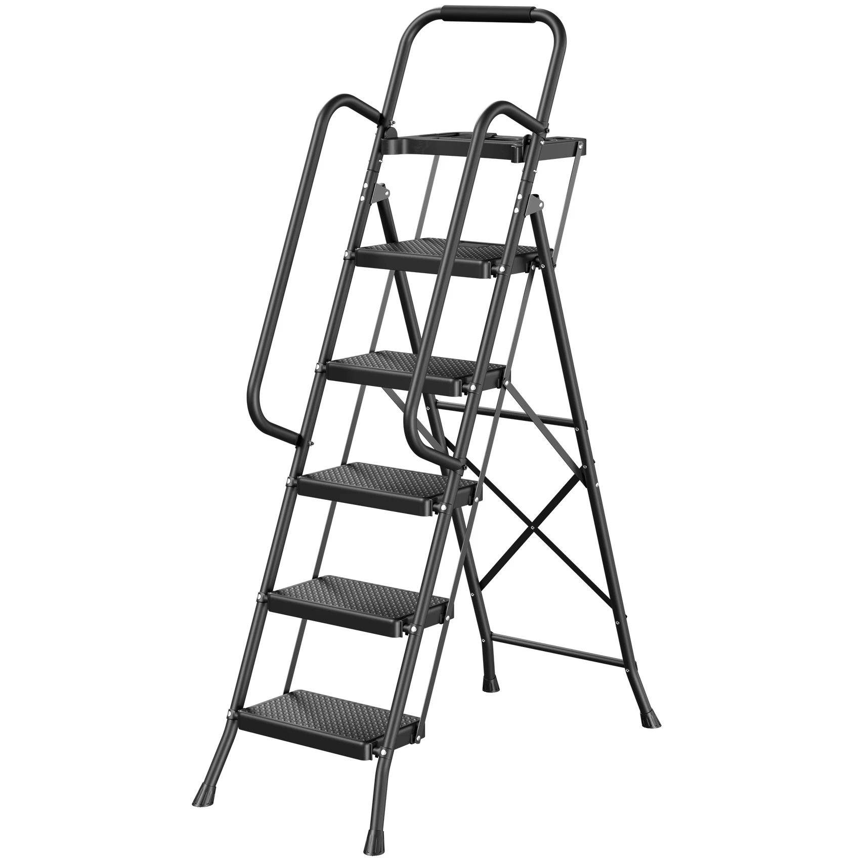 JOZ 5-Step Ladder, 350lbs Portable Folding Ladders for Home, with Handrails and Tool Tray and Anti-Slip Pedal, Black