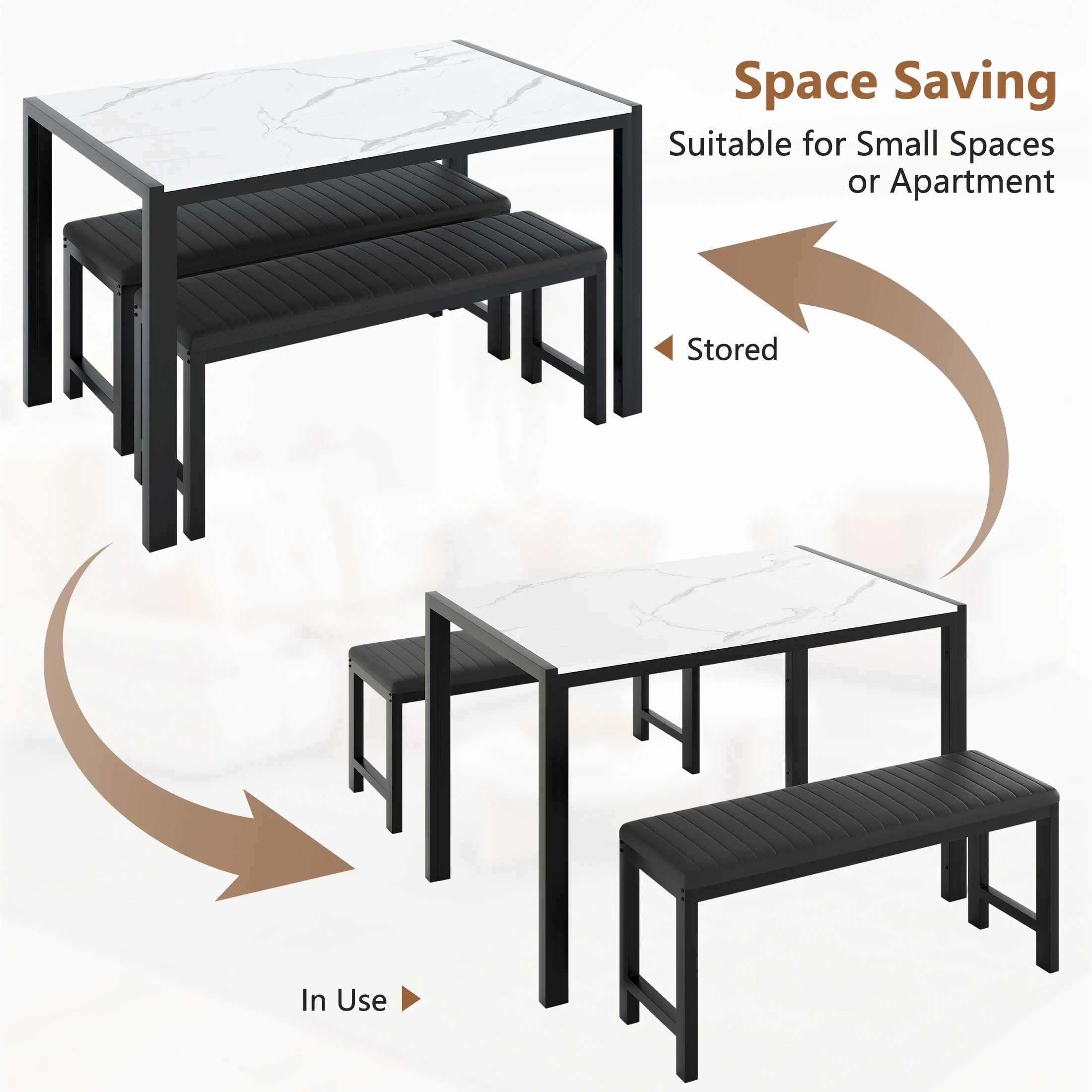 UHOMEPRO Dining Room Table Set, 3-Piece Dining Table Set with 2 Benches, Kitchen Table Set for 4 with Metal Frame, Modern Dining Room Set Furniture Set for Bar Dining Room Breakfast Nook, Black