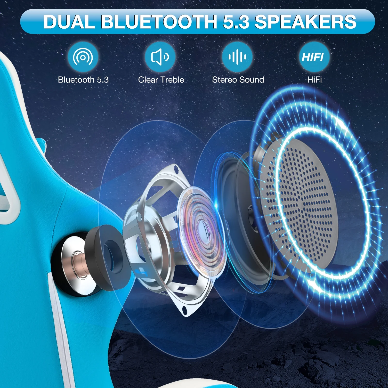 Hoffree Gaming Chair with Speakers PU Gamer Chair with footrest and massage Egonomic Computer Game Chair with Headrest and Lumbar Support for Adults and Office Gaming, 440 LBS