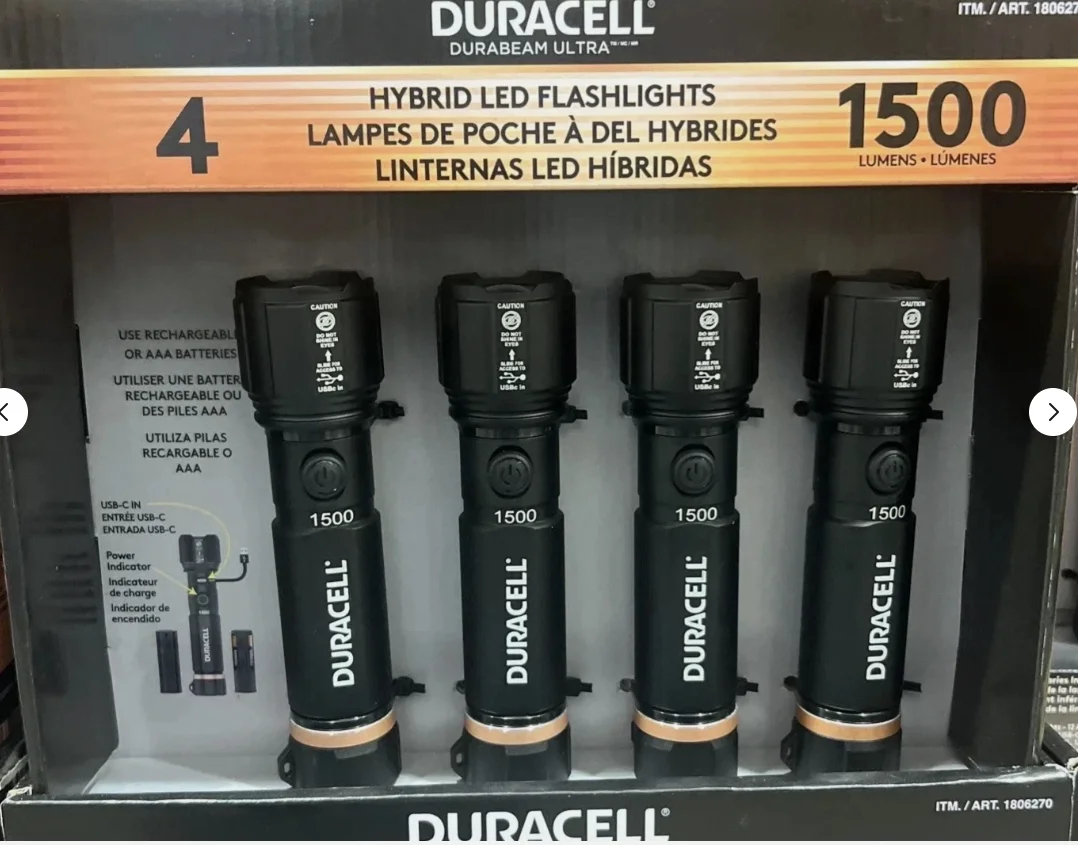 Duracell Hybrid Flashlight, 1500 Lumens, 4-count