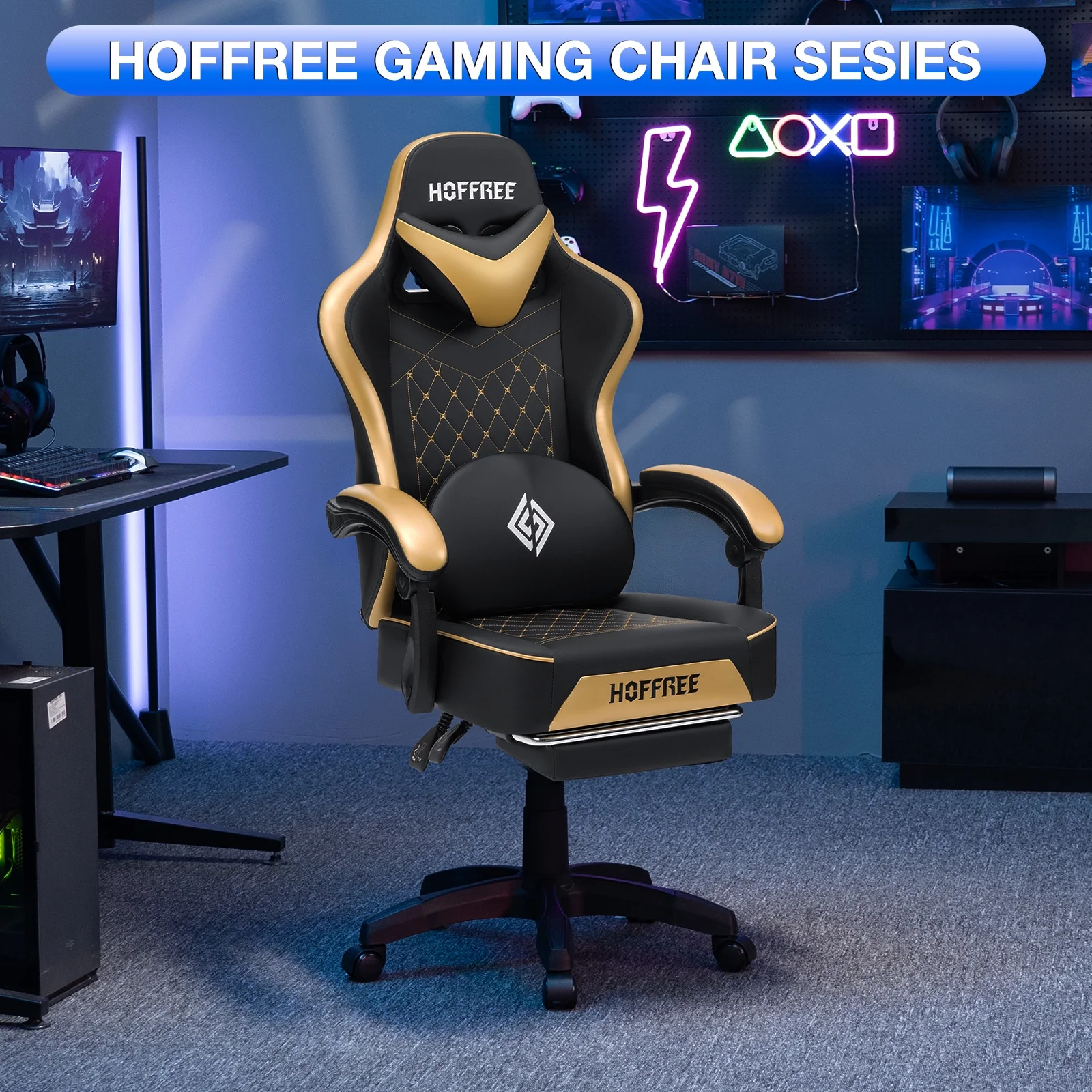 Hoffree Gaming Chair with Speakers PU Gamer Chair with footrest and massage Egonomic Computer Game Chair with Headrest and Lumbar Support for Adults and Office Gaming, 440 LBS