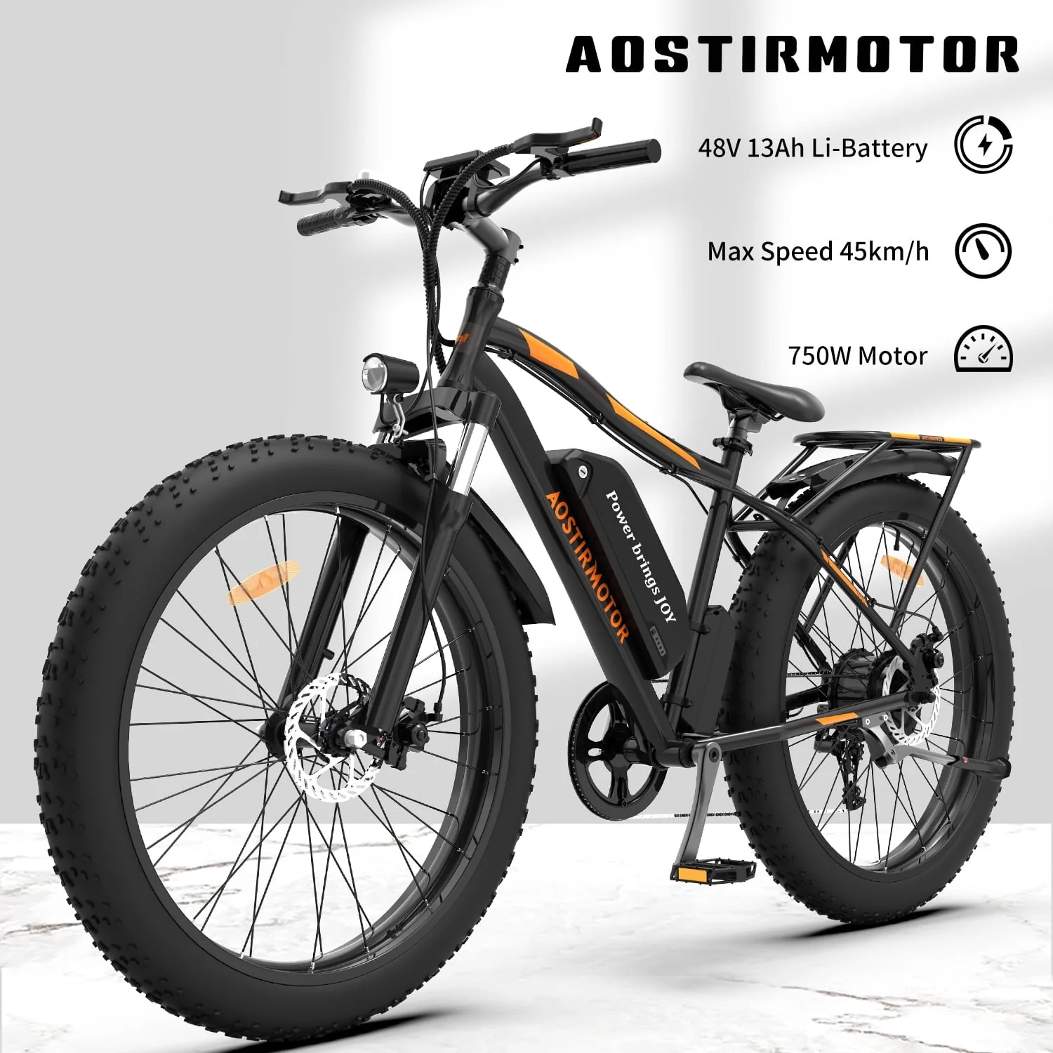 Aostirmotor Electric Mountain Bike, 749W Motor 48V 13AH Removable Lithium Battery Ebike with Rack, 26