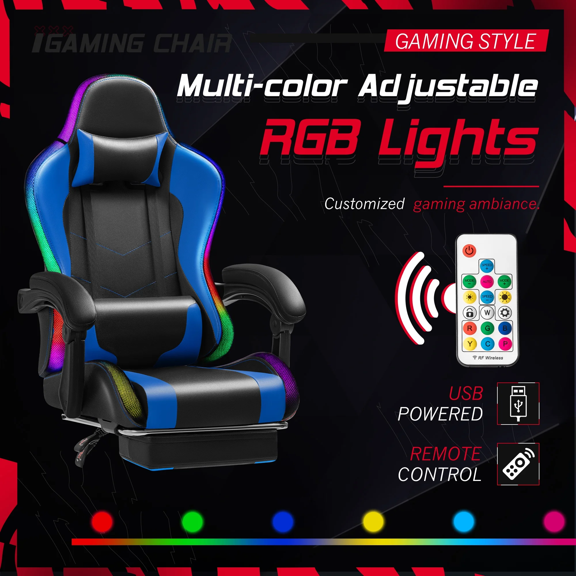 Homall RGB Gaming Chair with Massage and LED Lights Ergonomic Computer Chair with Footrest & Adjustable Lumbar Support, White