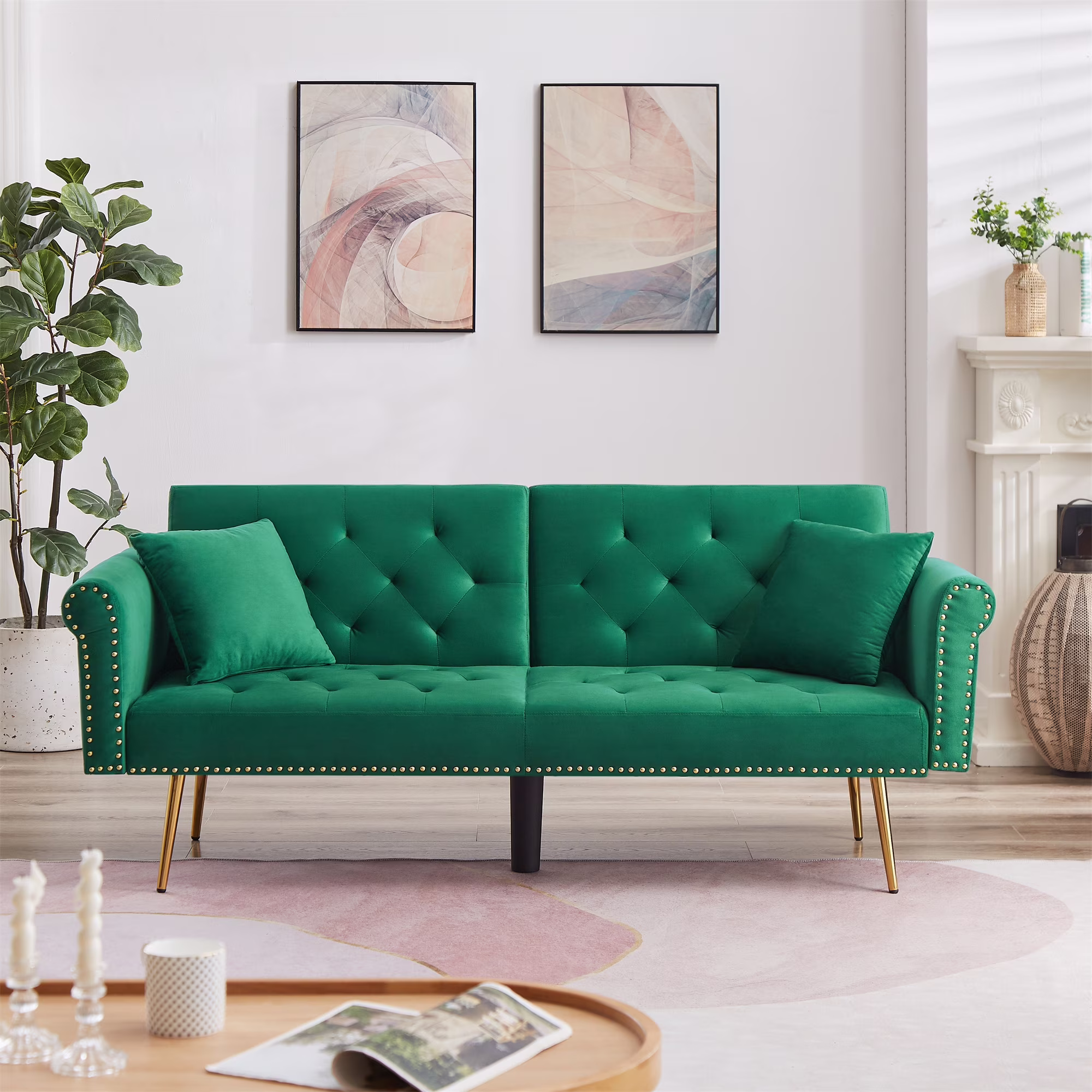 Convertible Futon Sofa Bed,Velvet Upholstered Nailhead Loveseat Sofa with Two Pillows,Modern Sleeper Couch Bed for Living Room,Bedroom,Green