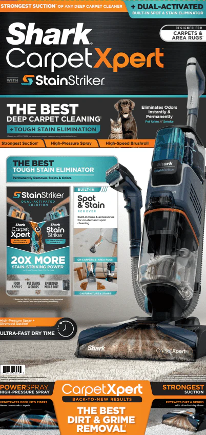 Shark CarpetXpert with StainStriker, Upright Carpet, Area Rug & Upholstery Cleaner for Pets, Built-in Spot & Stain Eliminator, Deep Cleaning & Tough Stain Removal, Carpet Shampooer, Navy, New,EX200