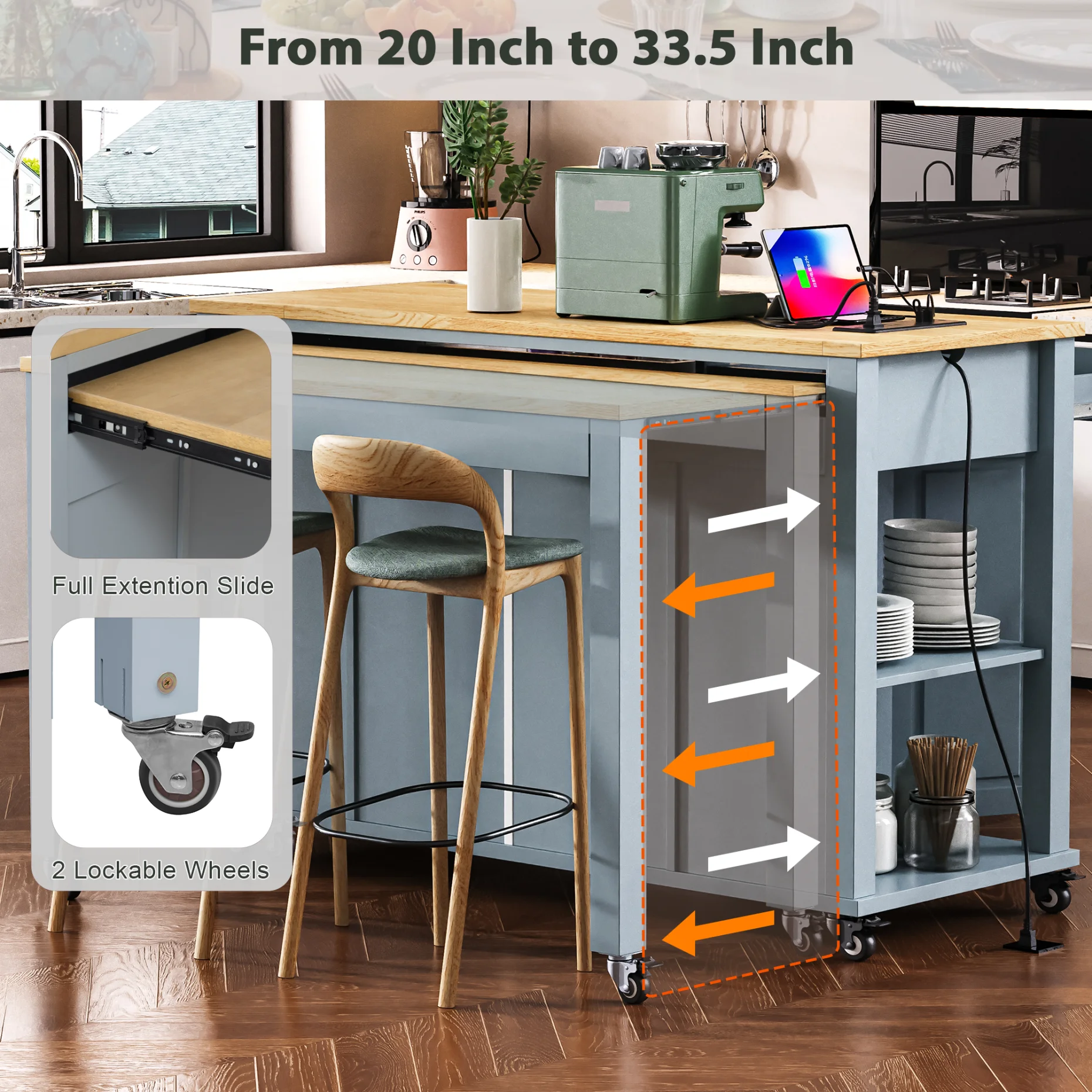 Kitchen Island with Extendable Table and Power Outlet, Wood Kitchen Rolling Cart with 2 Drawers & 2 Cabinets, Internal Storage Rack and Adjustable Shelf, Grey Blue