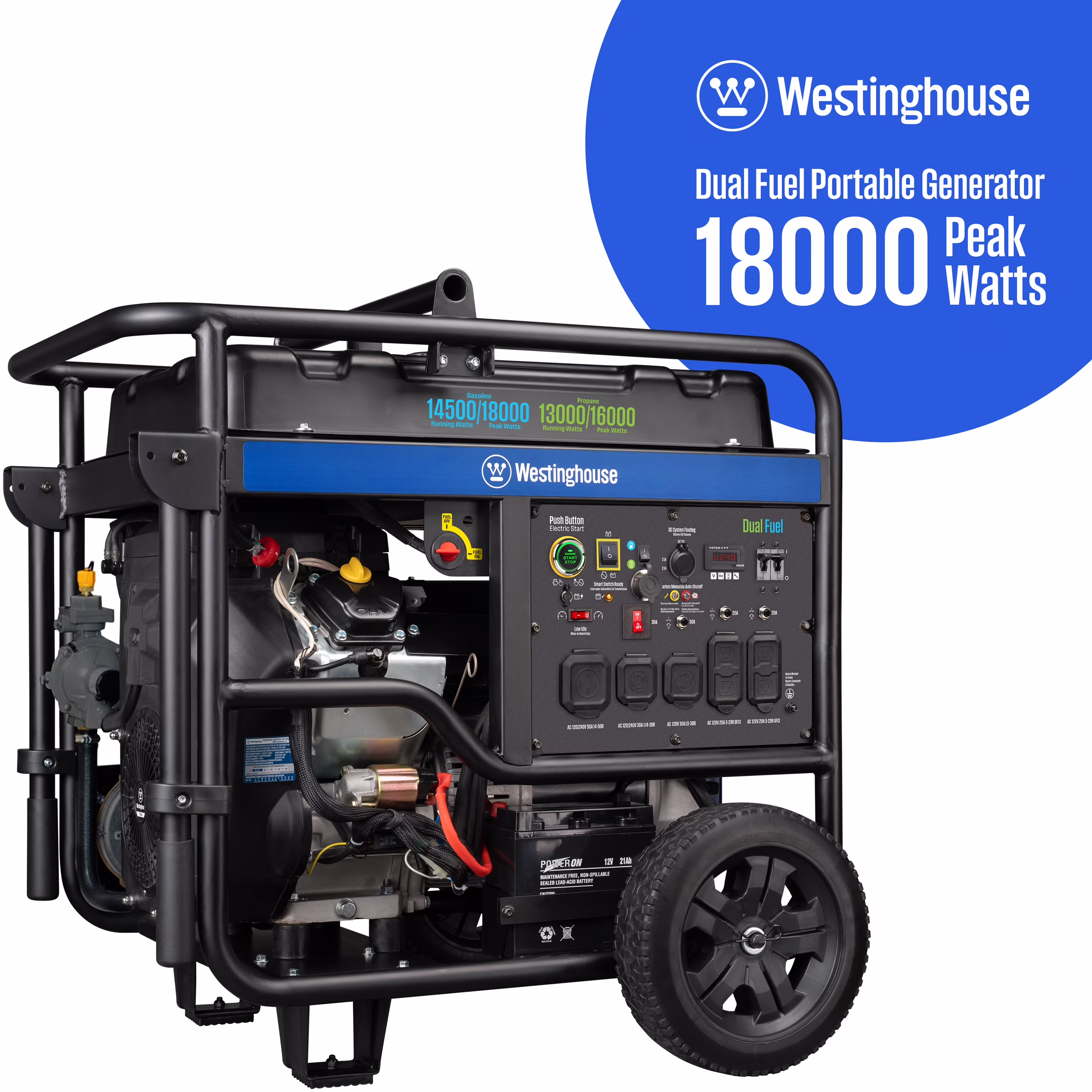 Westinghouse 18000 Peak Watt Dual Fuel Home Backup Portable Generator, Remote Electric Start, Transfer Switch Ready, Gas & Propane Powered, CO Sensor