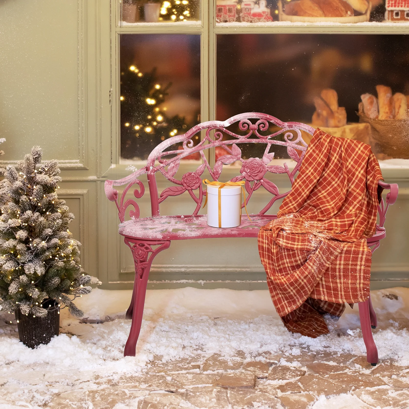 Ktaxon Outdoor Patio Park Garden Bench Courtyard Leisure Rose Cast Aluminum, Outdoor Loveset, Bronze