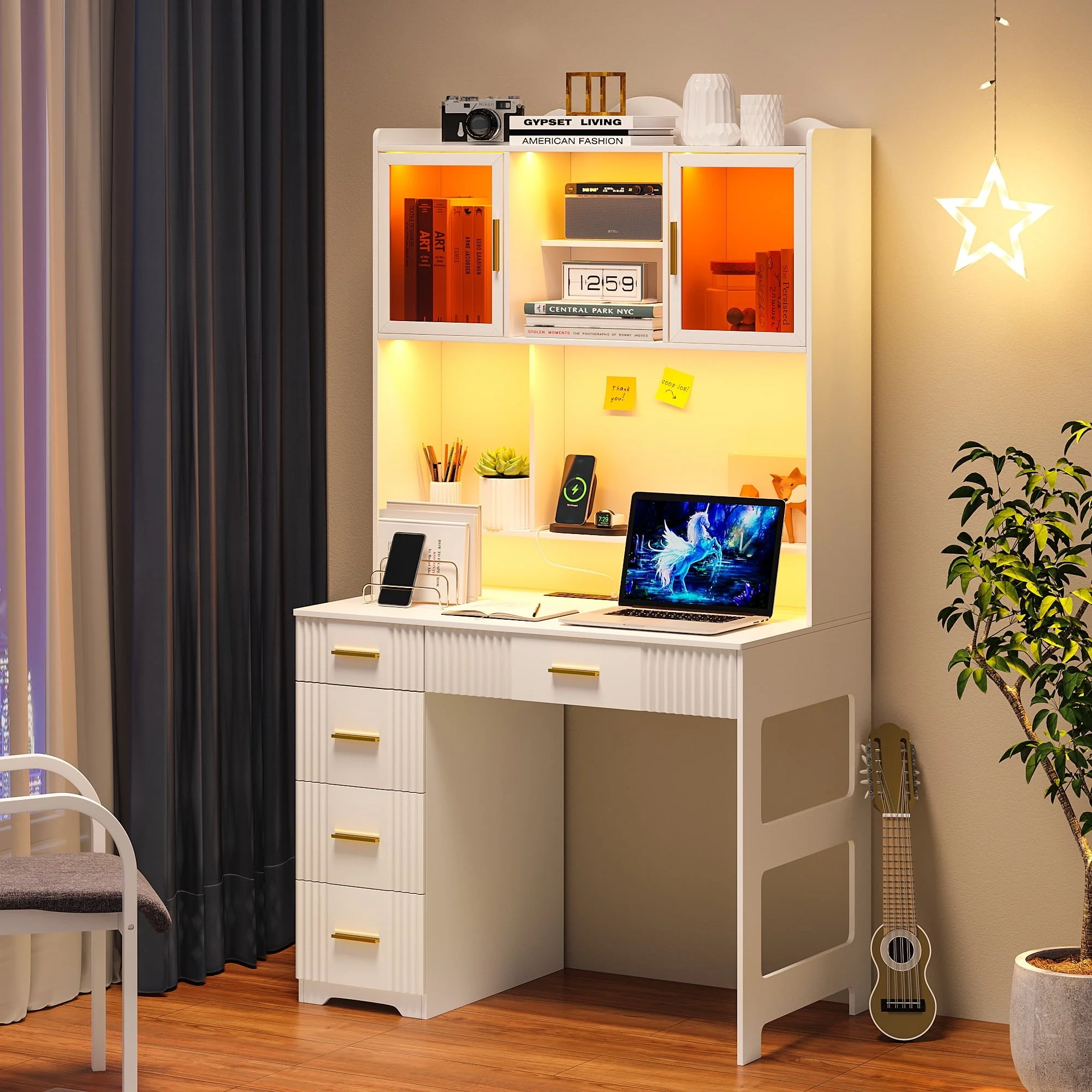 HNEBC LED Study Desk with Hutch and Drawer, Home Office Desk with Outlet, Computer Desk with Charging Station, Writing Desk for Bedroom, Workstation for Small Space