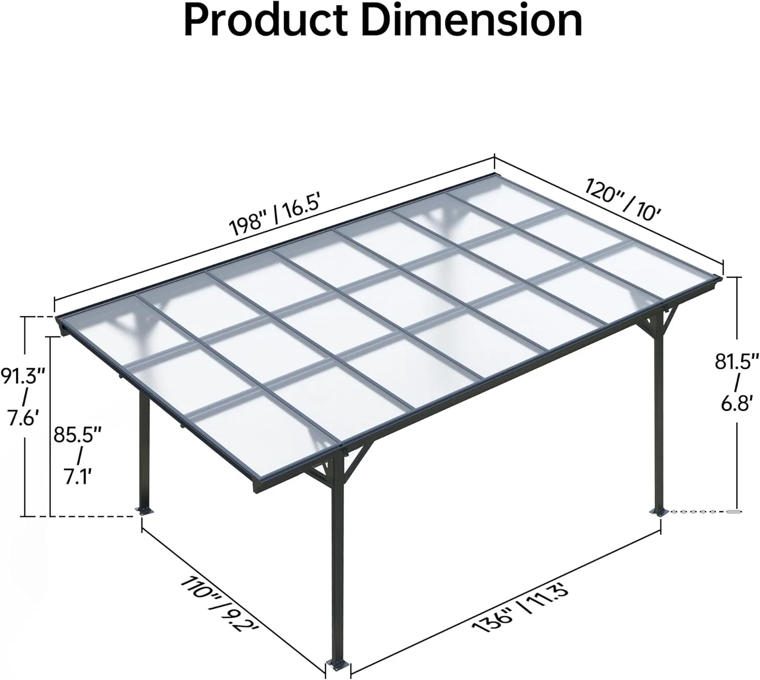 JINSEED 10 x 16ft Metal Carport with Heavy Duty Metal Frame & Pitched-Roof Polycarbonate Panel Canopy, Multi-Purpose Shelter for Car, Truck, SUV, Tractor, and Boat,Gray