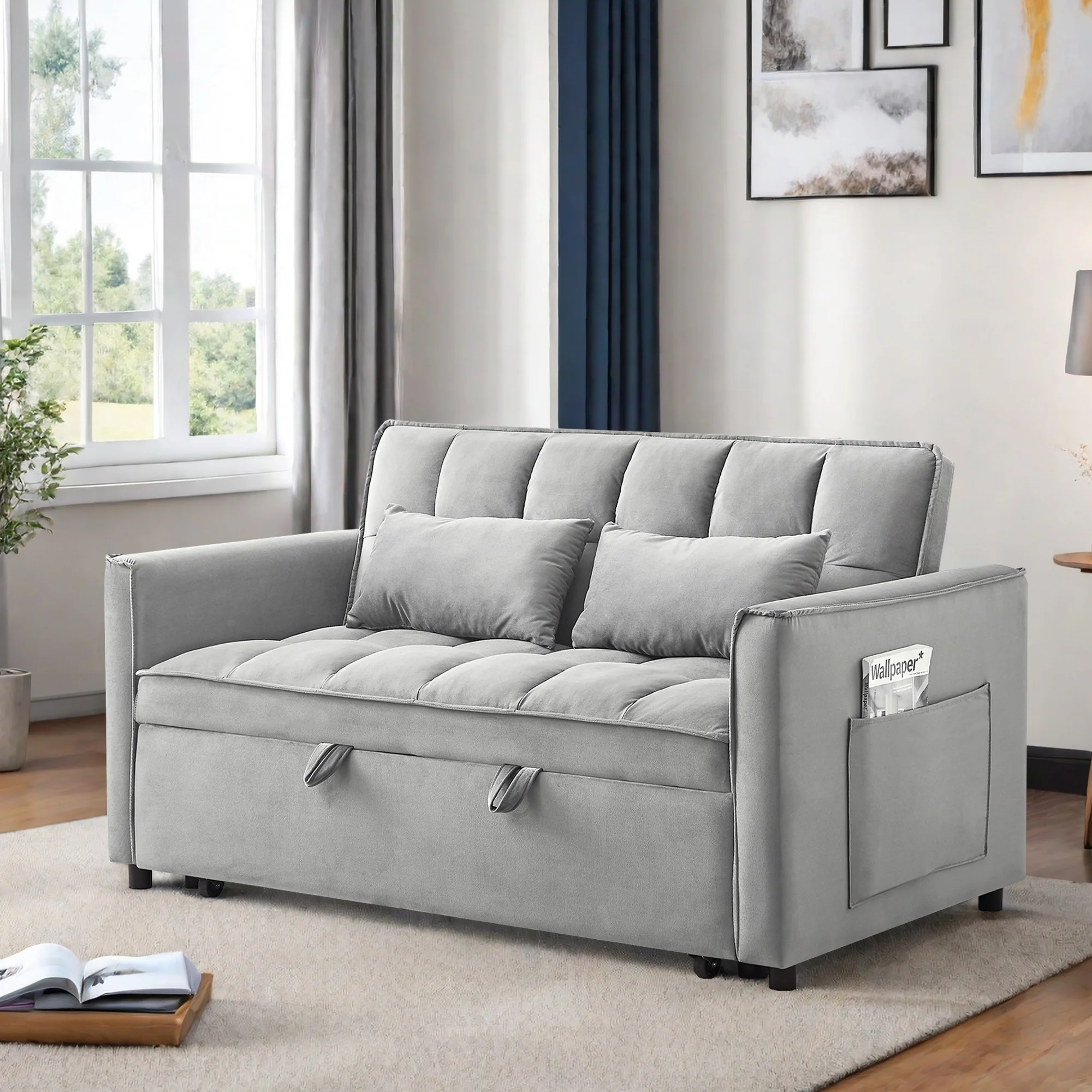 Convertible Sofa Bed,3-in-1 Sleeper Sofa with Pull Out Bed,Sleeper Futon Couch Loveseat with Adjsutable Backrest and Pillows for Living Room,Gray