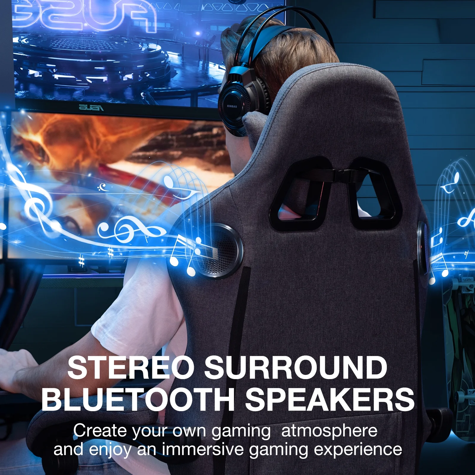 Hoffree Gaming Chair with Speakers Fabric Gamer Chair with footrest and massage Big and Tall Video Game Chair with Headrest and Lumbar Support for Adults