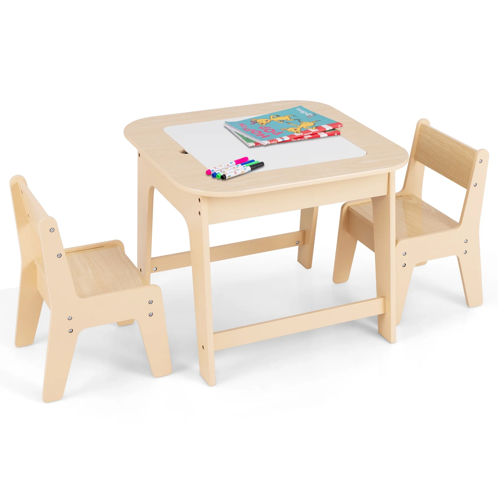 OLAKIDS Kids Table and Chair Set, 3 in 1 Wooden Activity Table with Removable Tabletop, Blackboard and Whiteboard for Toddlers Arts Crafts Drawing Reading Playing, Playroom Nursery (Natural)