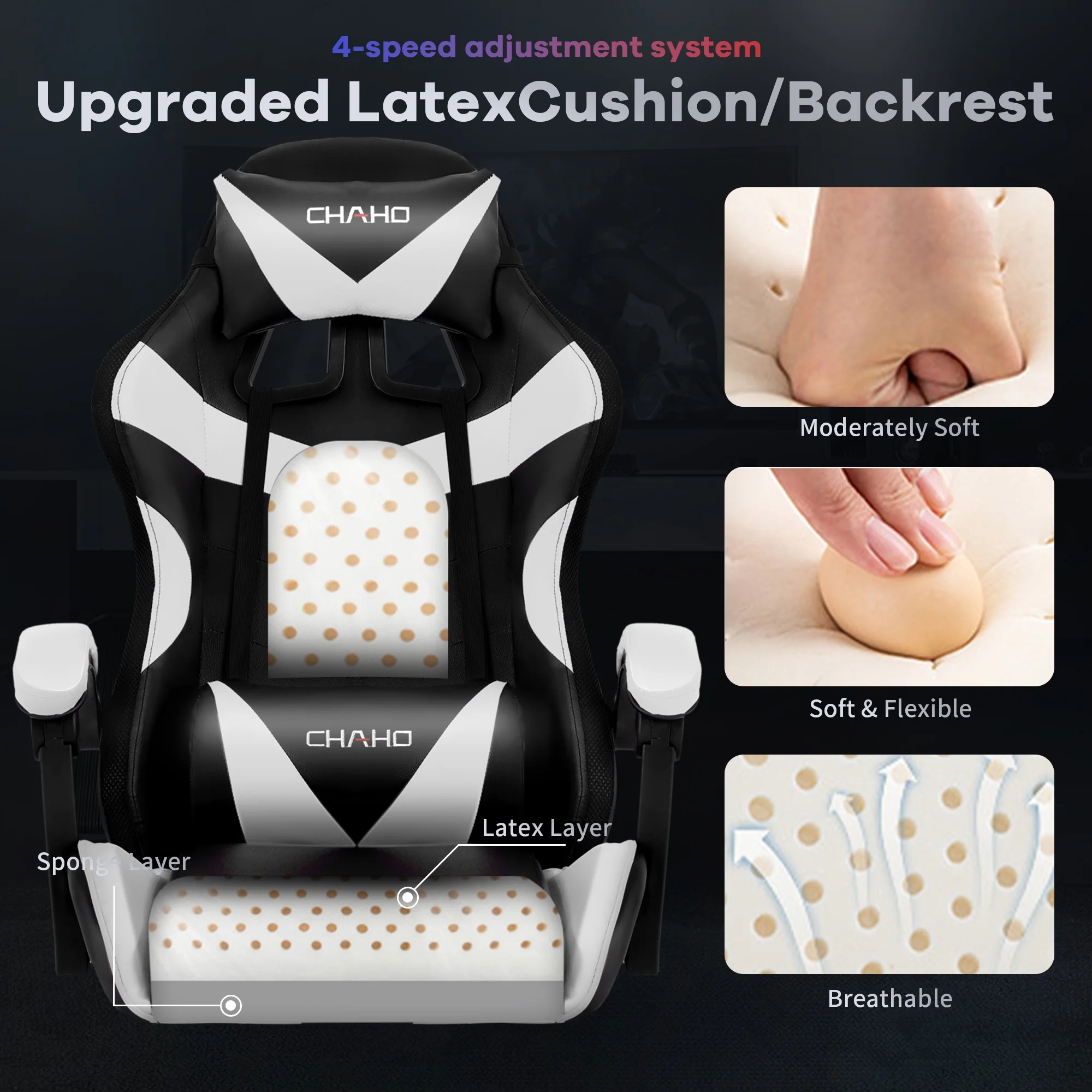 Ergonomic Gaming Chair, CHAHO Gaming Chair with Speaker & LED Lights, Computer Racing Chair for Adults, PU Leather Office Chair with Footrest Lumbar Support Headrest, Red