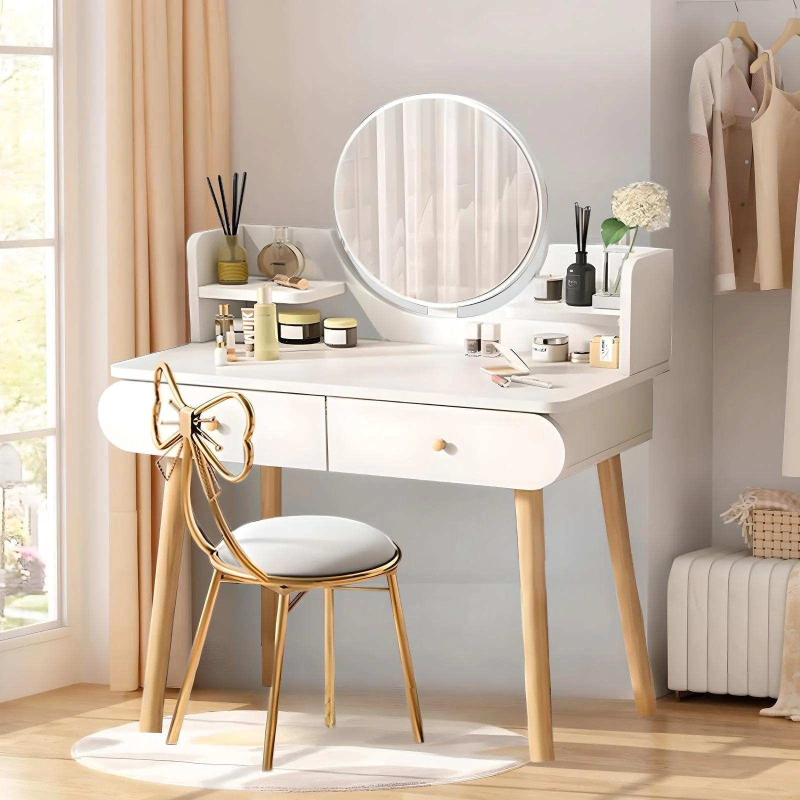 MIKOO Vanity Table Set with Mirror, Modern Makeup Vanity Dressing Desk with 2 Drawers & 2 Shelves ,White (Without Stool)