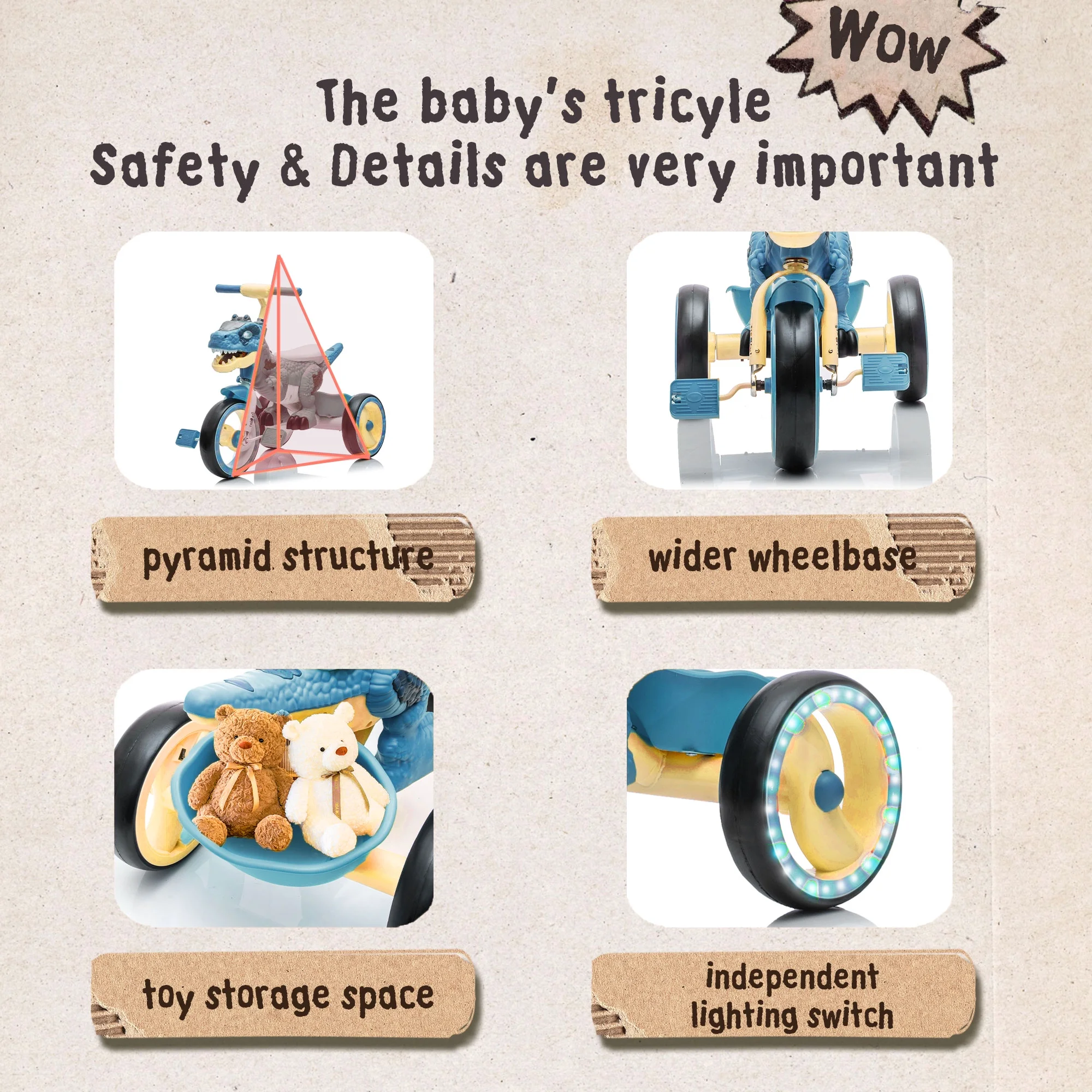 Xuanlur Kids Ride on Dinosaur Tricycle, Toddlers Kid Trike with Wide Flash Wheels, Anti-Slip Pedals, Rear Basket, Music & LED Lights, Toddler Bike Toys Gift for 3-6 Year Old Boys & Girls (Green)