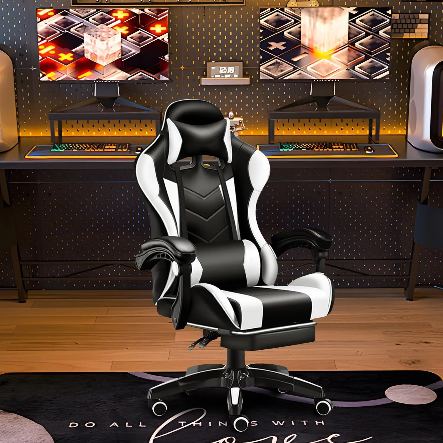 Gaming Chair with Adjustable Footrest,Eighteentek High Back Office Chair with Lumbar Support & Adjustable Headrest Video Game Chairs for Adults Black