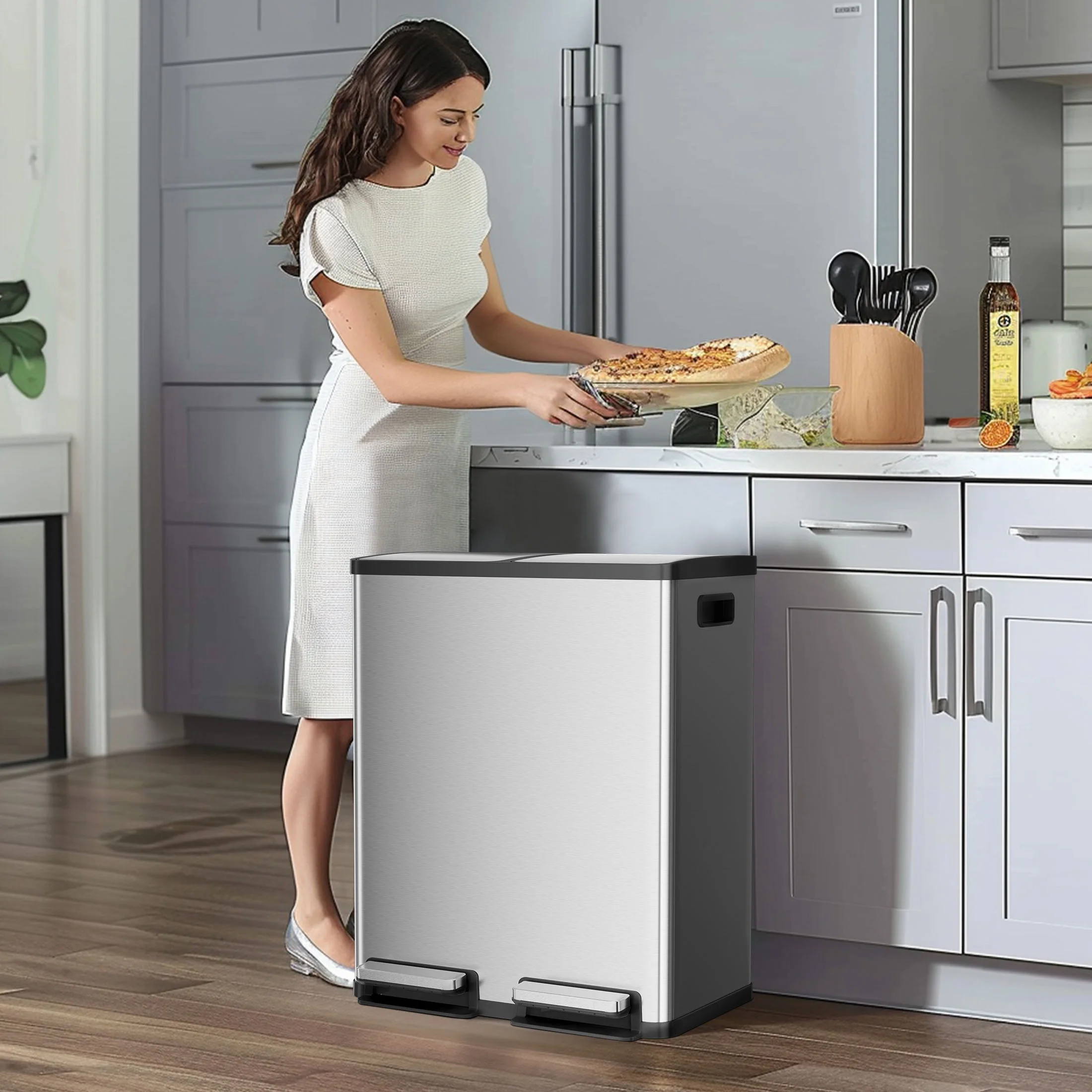 EDX 2 x 8.3 Gallon Dual Garbage Recycle Trash Can with Lid, Inner Buckets for Kitchen, Stainless Steel, Sliver