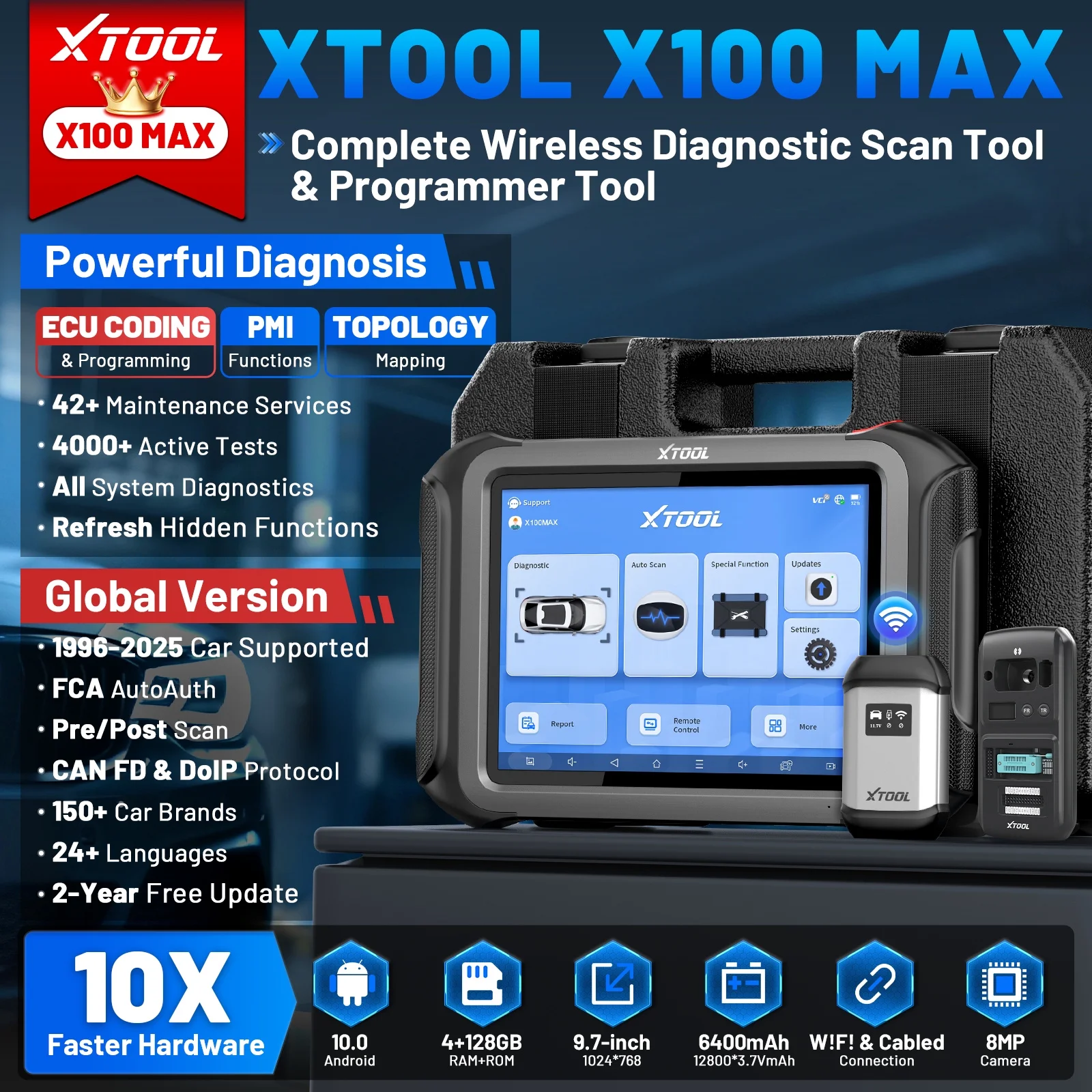 XTOOL X100 Max Automotive Key Fob Programmer Diagnostic Tool, OBD2 Scanner Bi-Directional Scan Tool with KC501, 42 Services