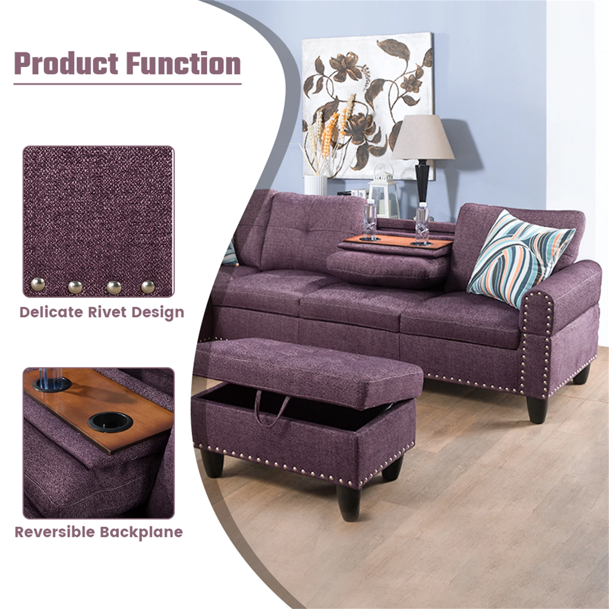 Aukfa 3 Piece Sectional Sofa, Living Room Couch with Storage Ottoman&Cup Holder, Linen, Left Hand, Black Gray