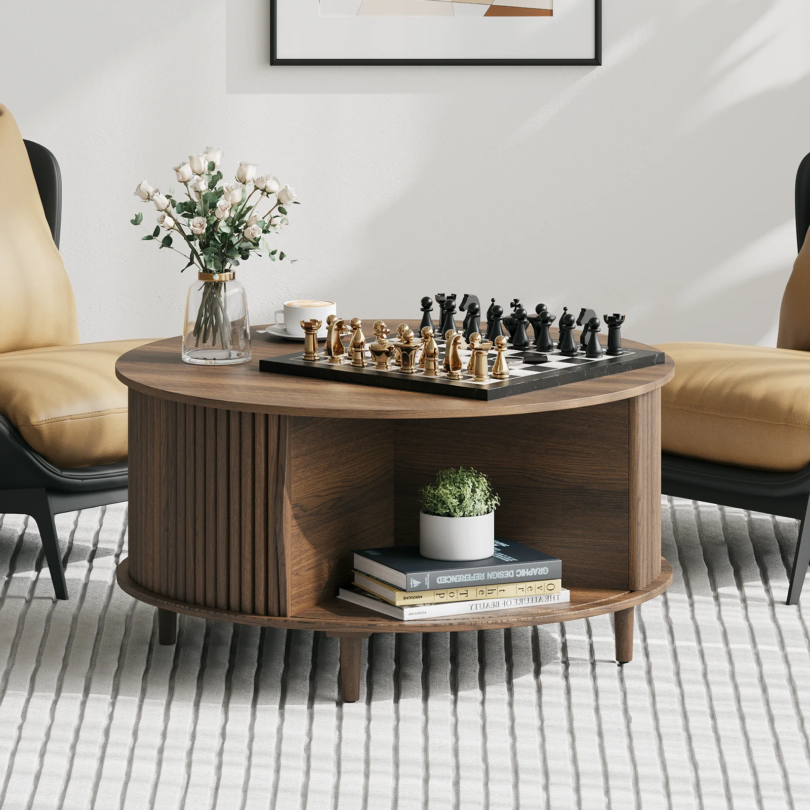 JOINICE Round Coffee Table with Storage and Sliding Door,Mid Century Modern Wooden Center Table,for Living Room,Walnut