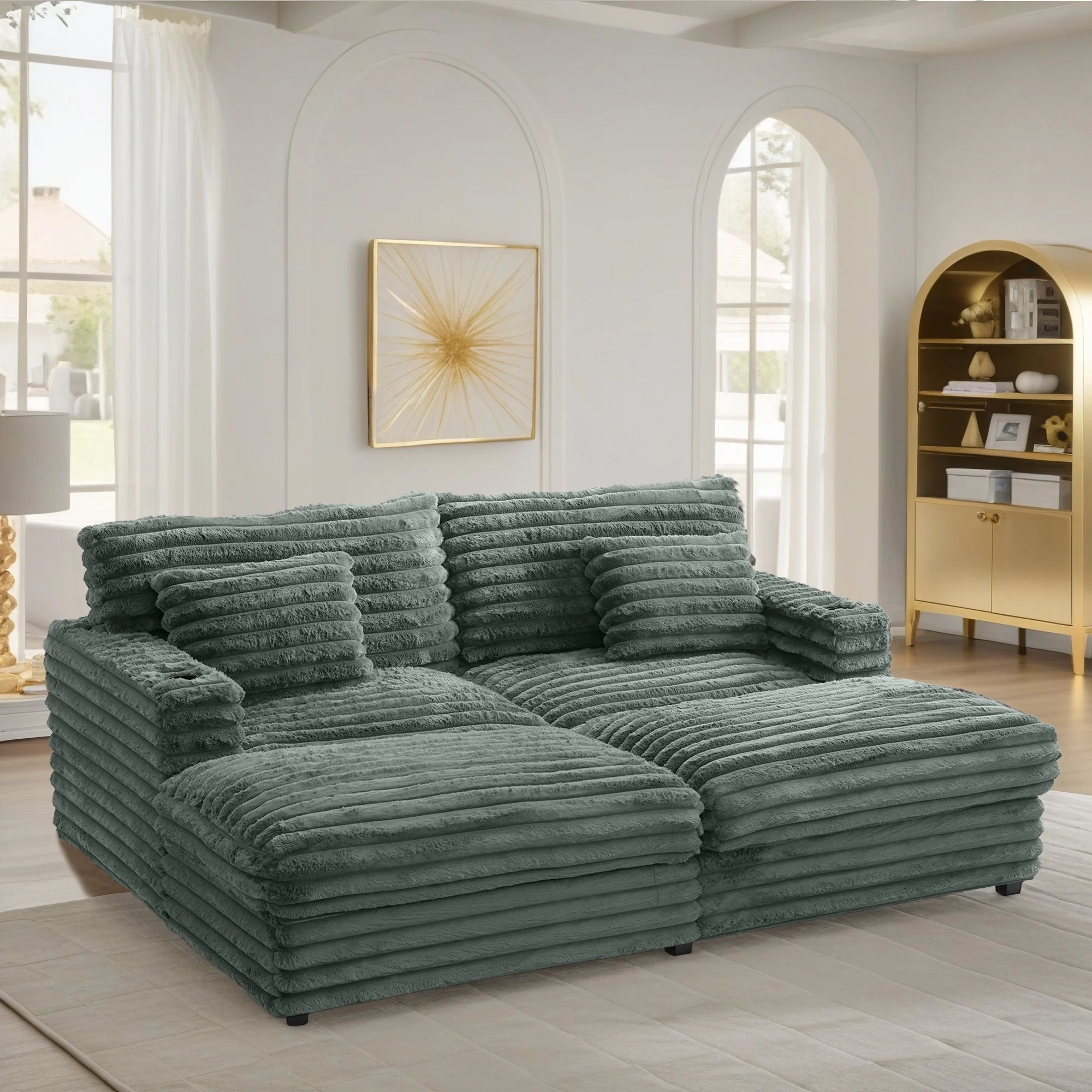 Oversized Double Chaise Lounge, Faux Fur Upholstered Deep Seat Sofa with 2 Pillows, 2 Cupholders, and Dual USB Ports