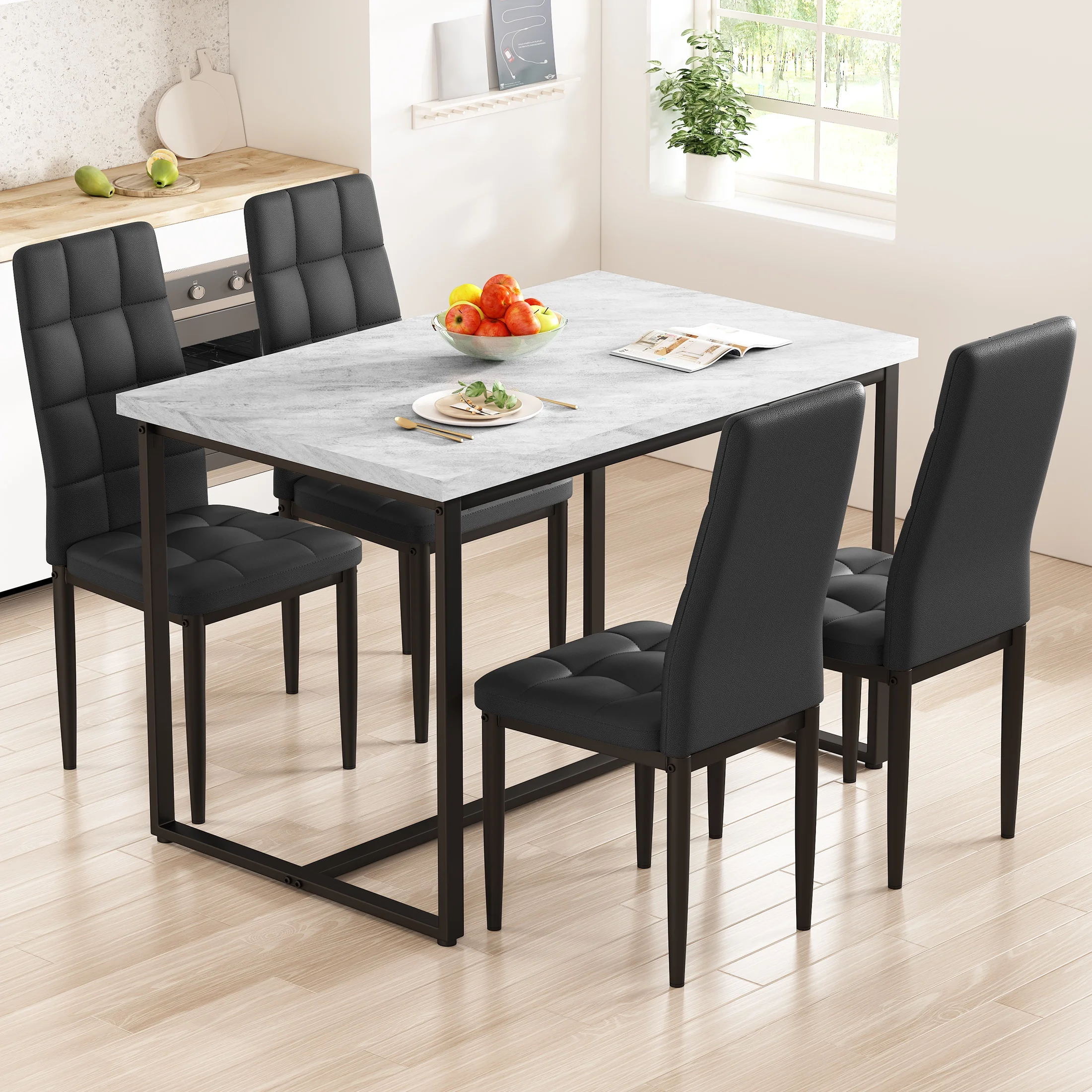 SEGMART Dining Table with 4 High-Back Upholstered Chairs, Modern Dinette Set, Dining Table & Chairs Set for 4 Persons, Small Home Kitchen Dining Table Set, Ideal for Apartment Breakfast Nook