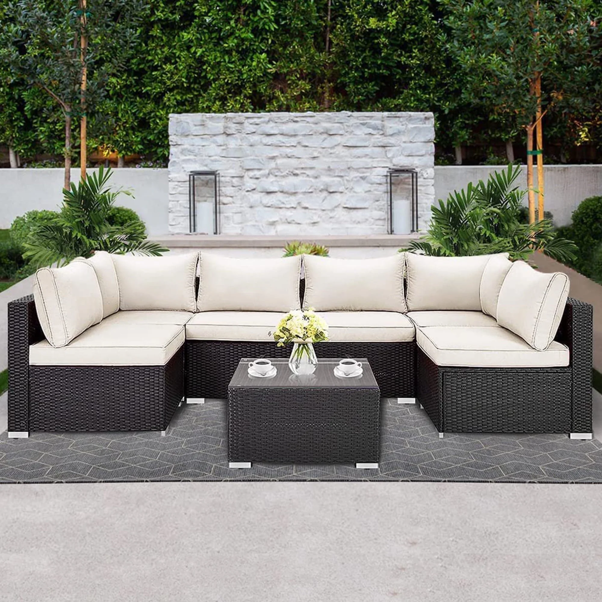 LAUSAINT HOME 7 Pieces Patio Conversation Set, Outdoor Sectional PE Rattan Wicker Furniture Seat (Beige)