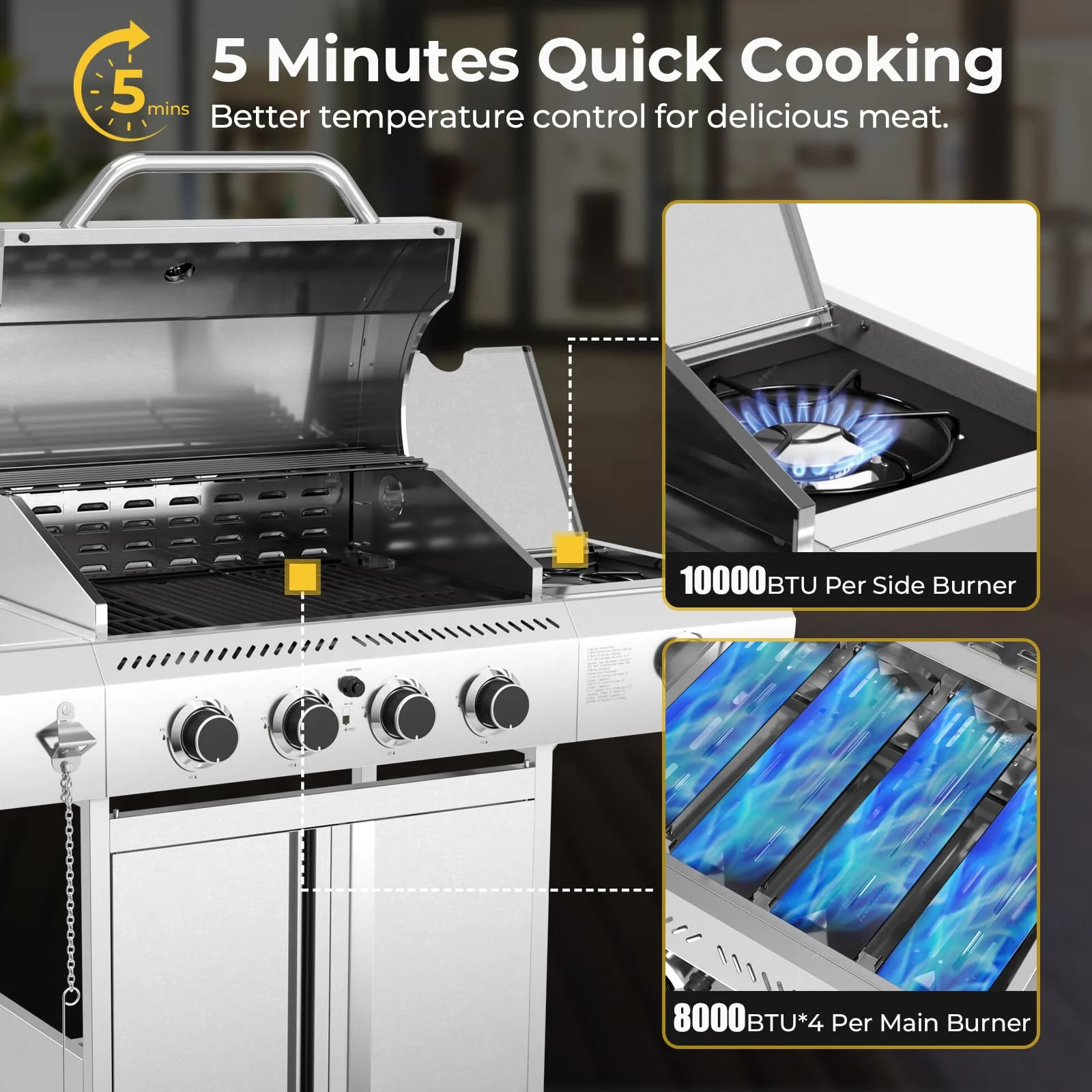 LHRIVER Stainless Steel 4 Burner Propane Gas Grill with Side Burner, Portable Outdoor Barbecue Grill, 45,000 BTU