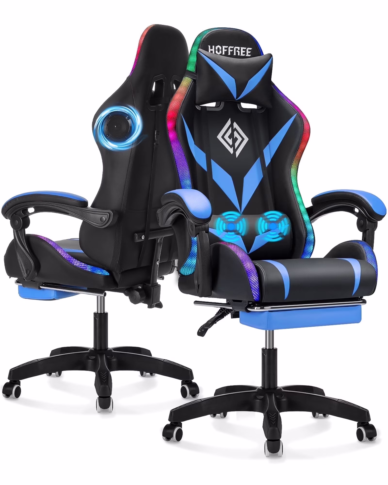 Hoffree Gaming Chair with Speakers PU Leather Office Chair with Footrest and LED Lights Ergonomic Gamer Chair with Massage Lumbar Support and Headrest Adjustable Swivel for Home Office 300lb