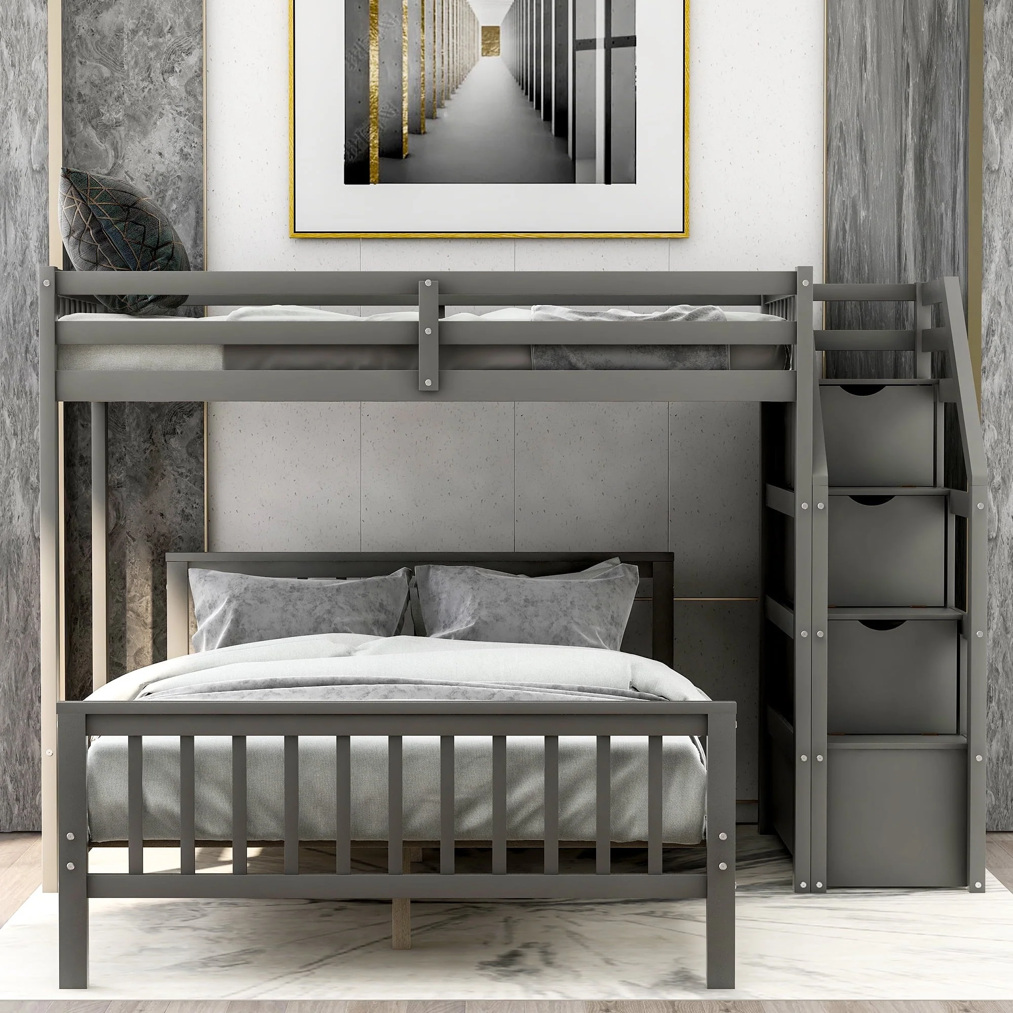 Euroco Wood Stairway Twin Loft Bed with Full Platform and Drawer